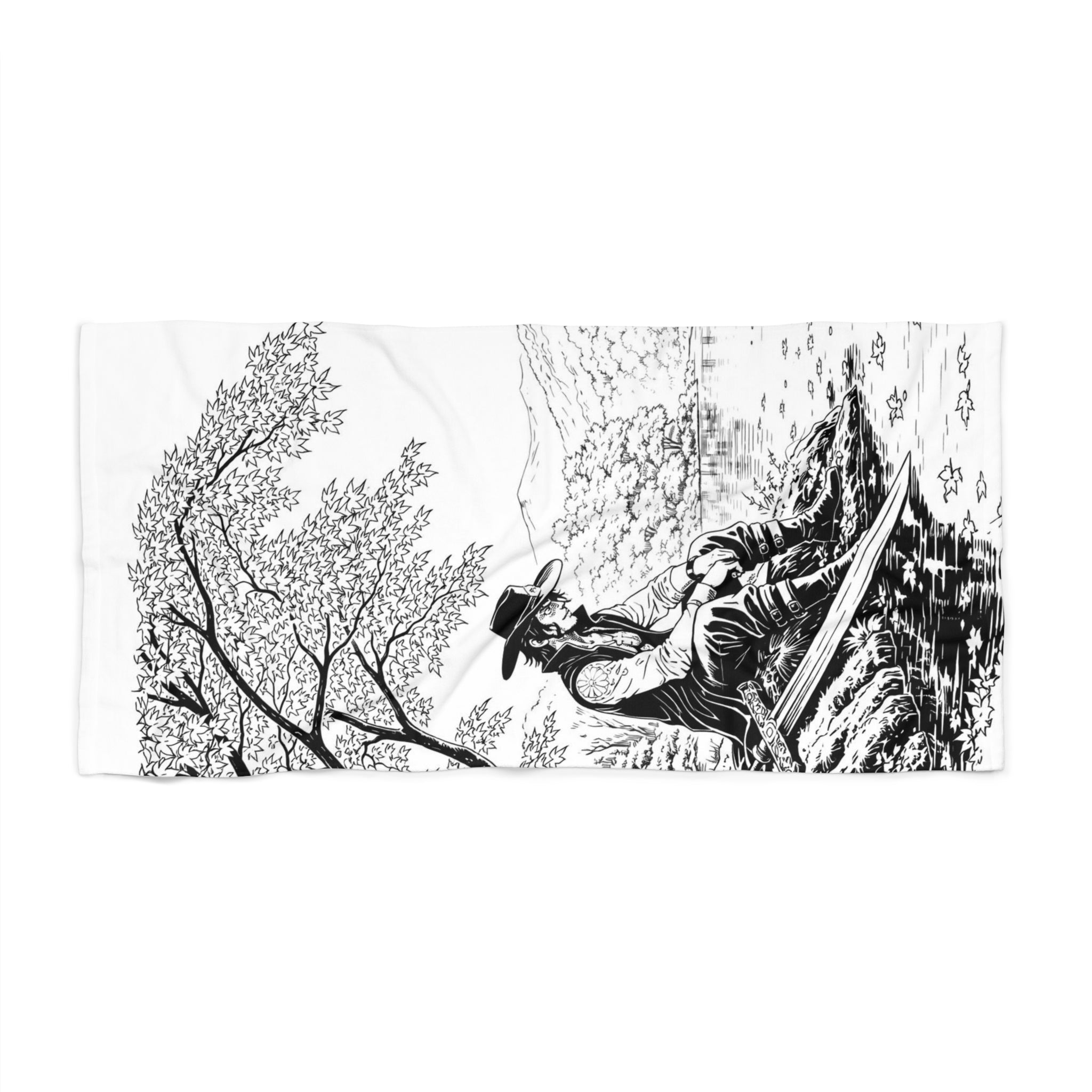 Fisherman Under Tree Beach Towel | Monochrome Fishing Scene