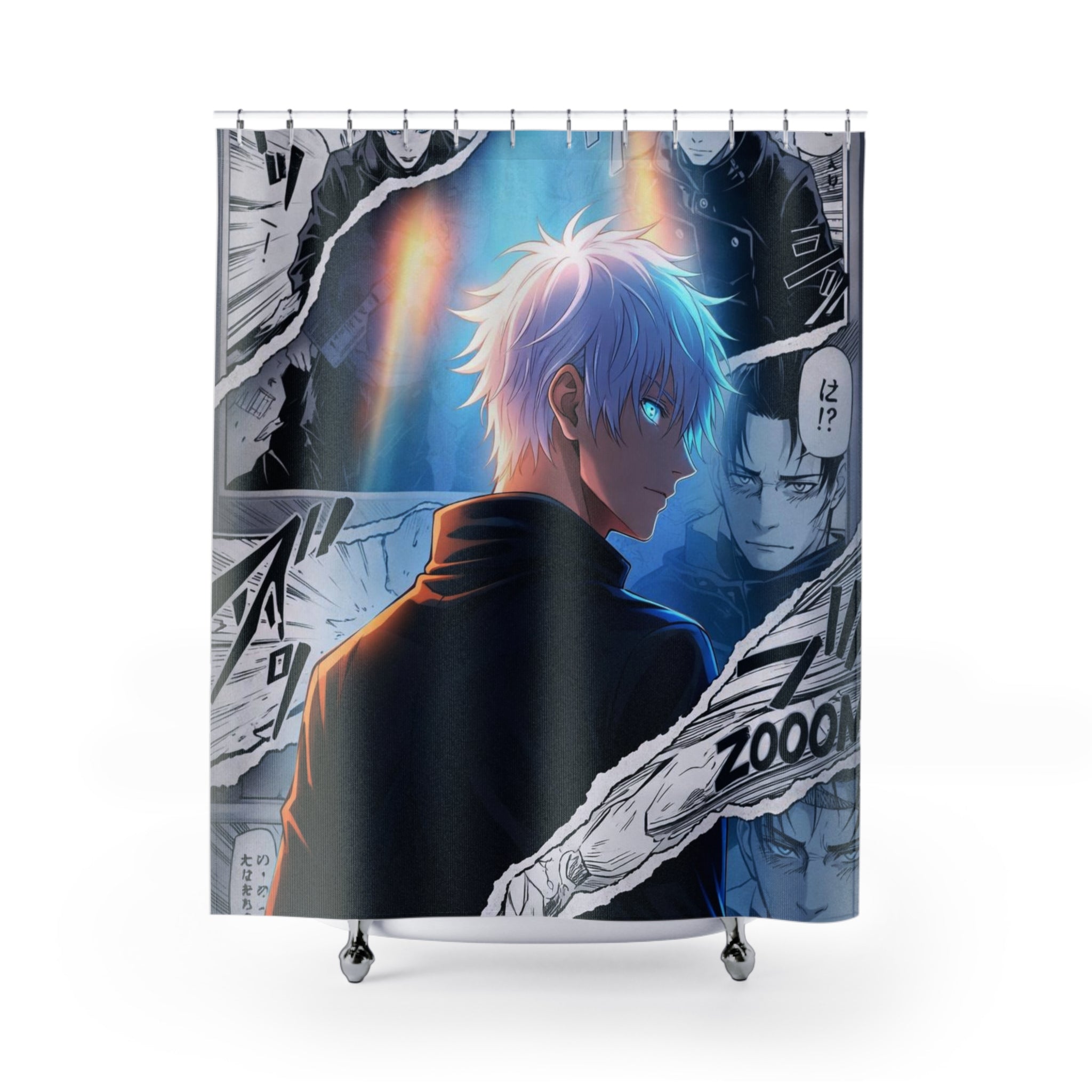 Anime Manga Character Shower Curtain | Blue-Haired Male, Comic Panel Design