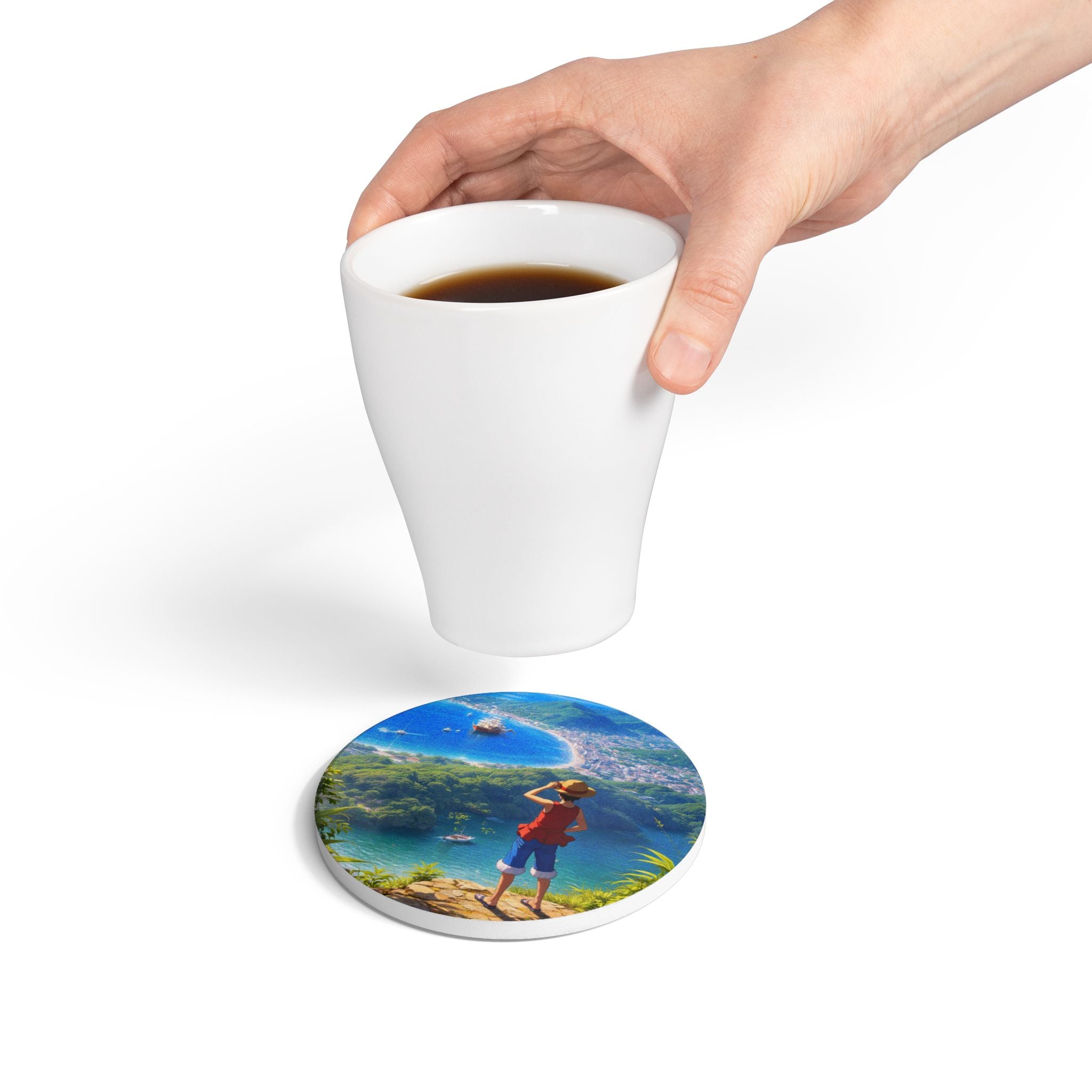 Explorer Boy Overlooking Bay ceramic coaster | coastal landscape, travel scene
