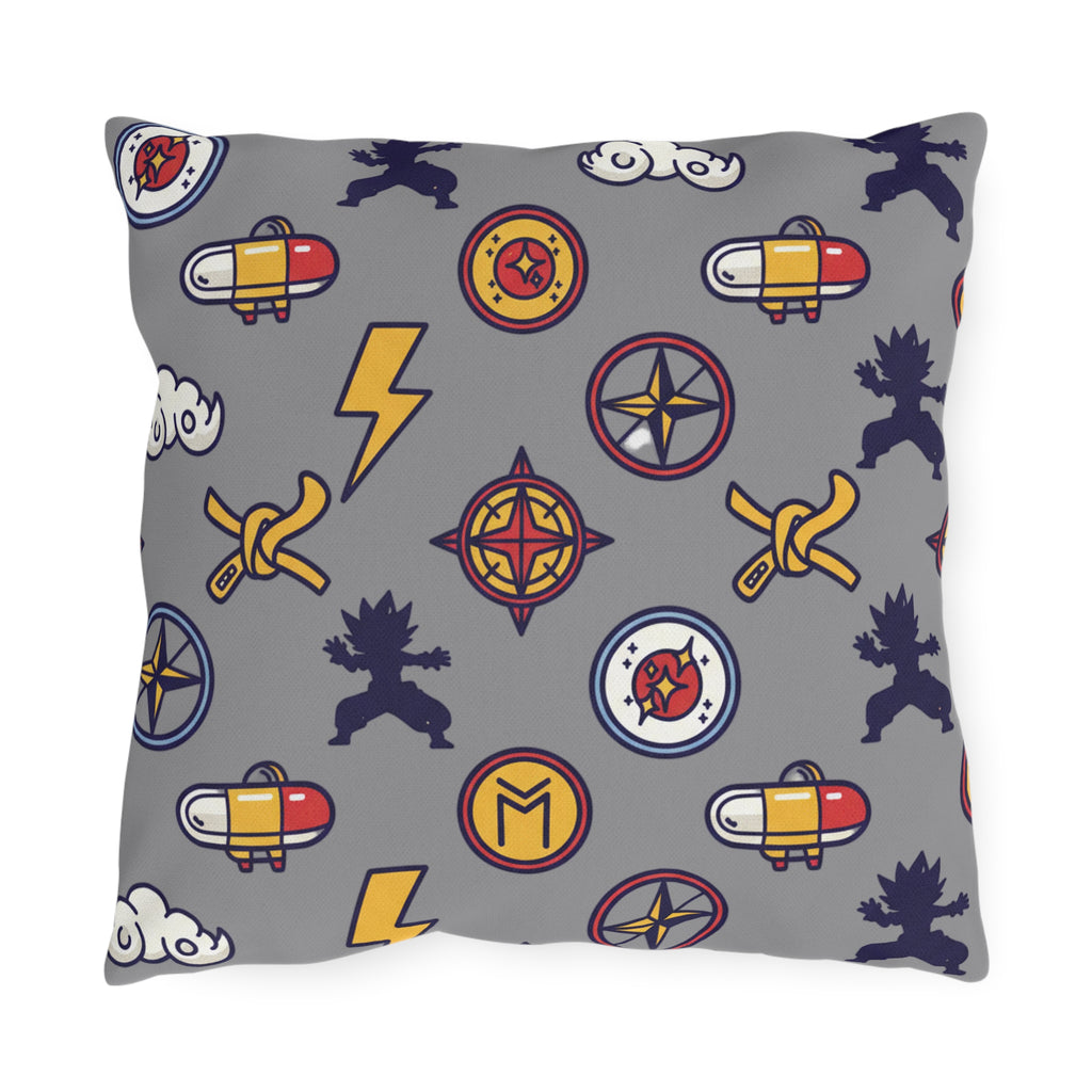 Adventure Icons Outdoor Pillow — Compass, Lightning & Explorer Patch Pattern