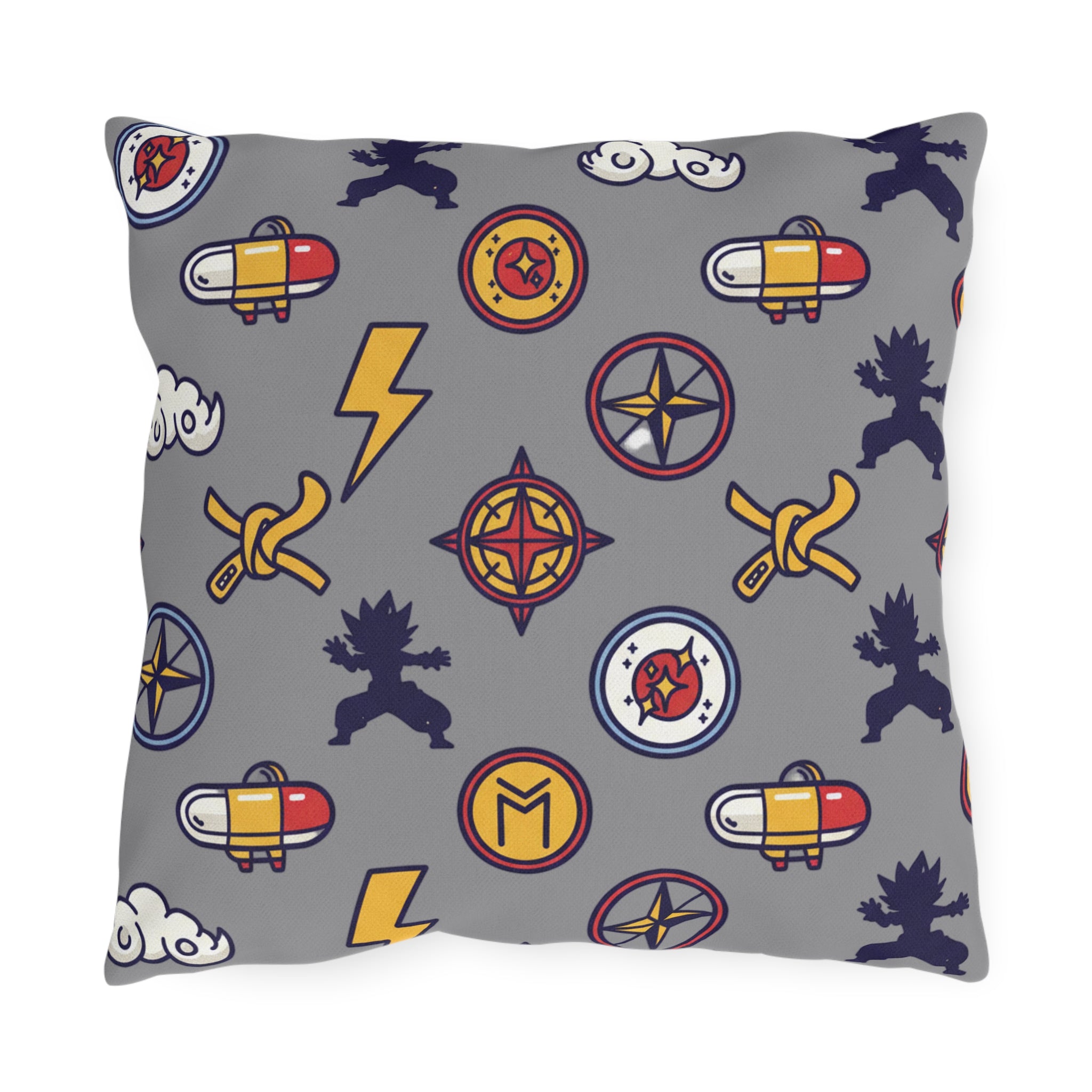 Adventure Icons Outdoor Pillow — Compass, Lightning & Explorer Patch Pattern