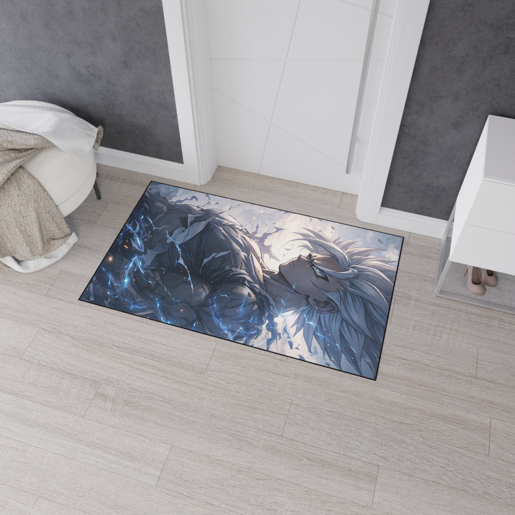 White-Haired Anime Warrior floor mat | Gaming Room Decor, Non-Slip Rug