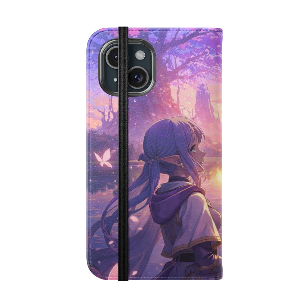 Anime Landscape Flip Phone Case — Fantasy Sunset Genshin-Style Wallet Cover