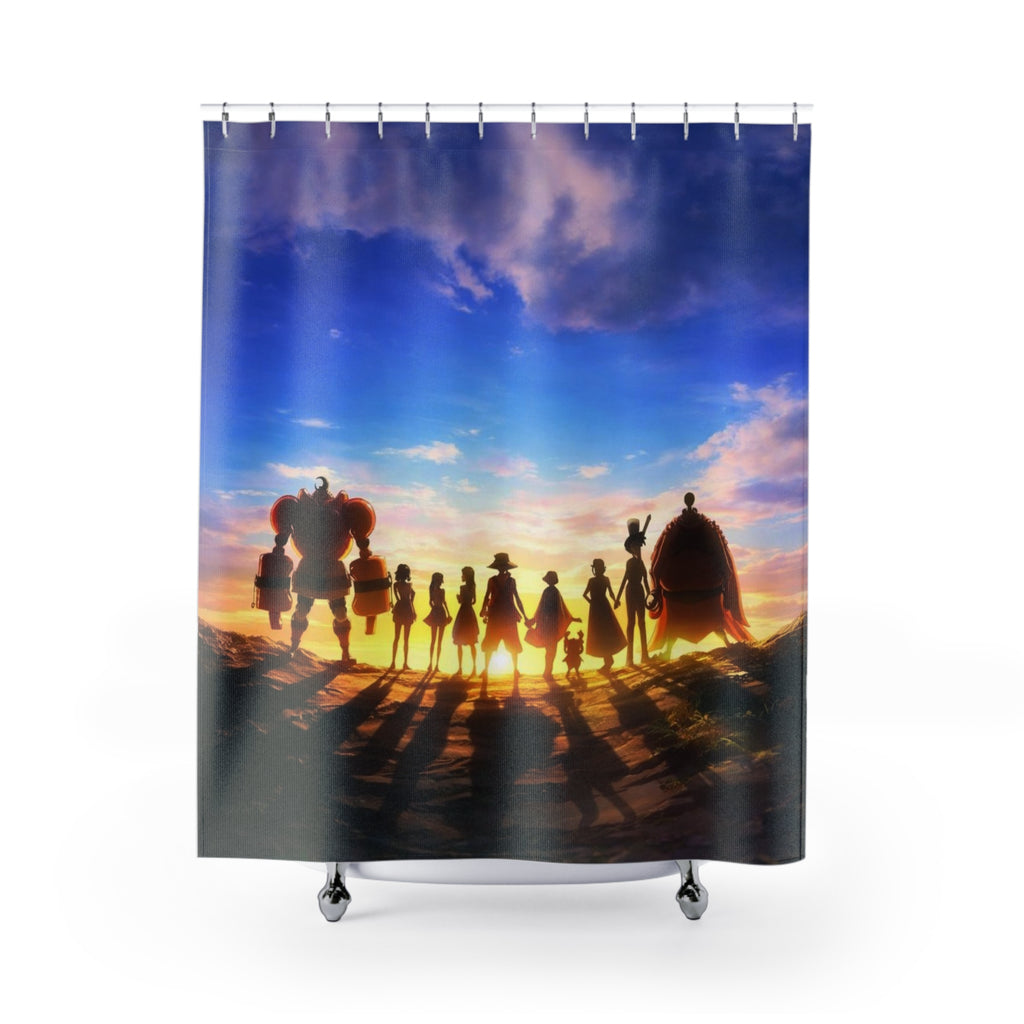 Silhouetted Crew at Sunset Shower Curtain | Ocean Sky Adventure Scene