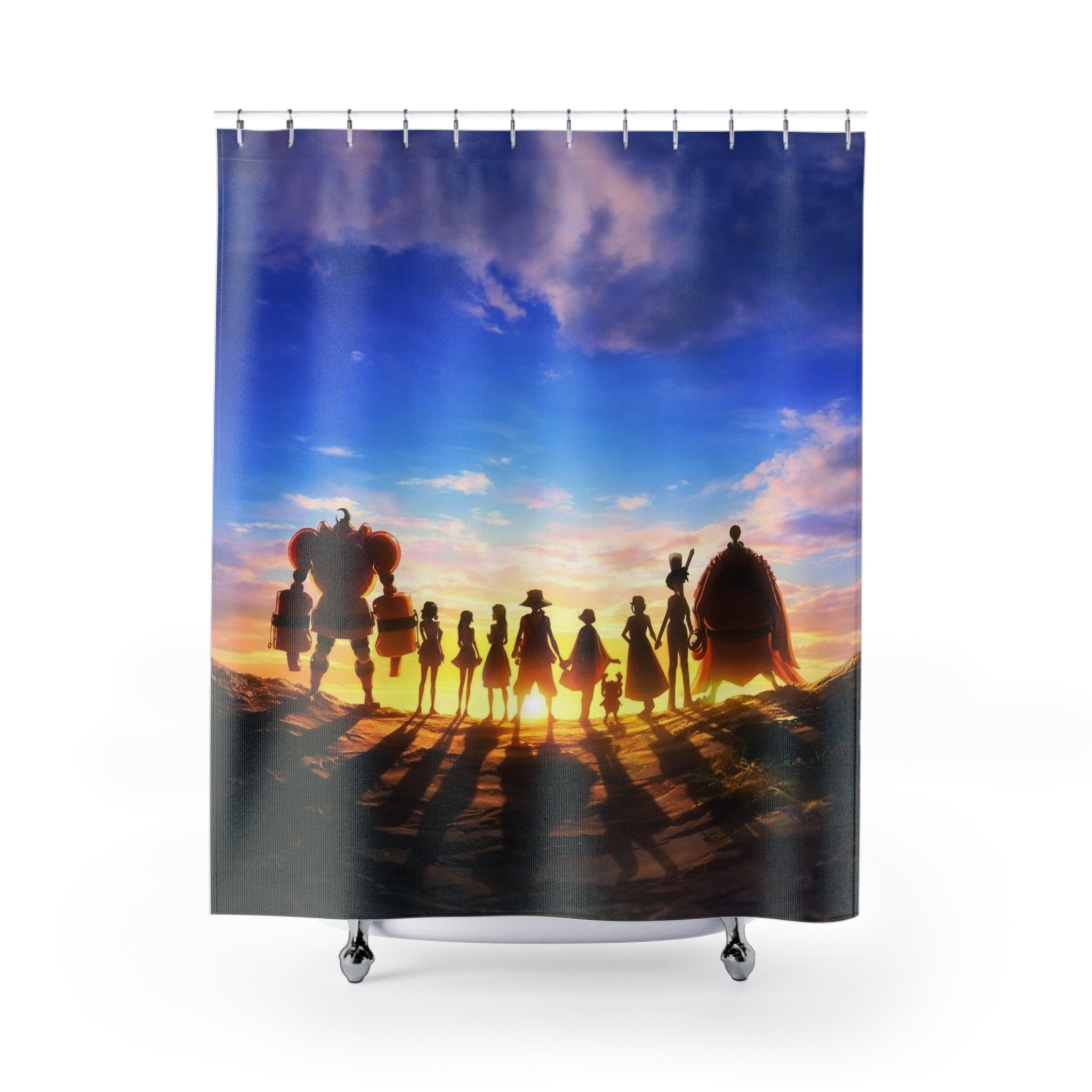 Silhouetted Crew at Sunset Shower Curtain | Ocean Sky Adventure Scene