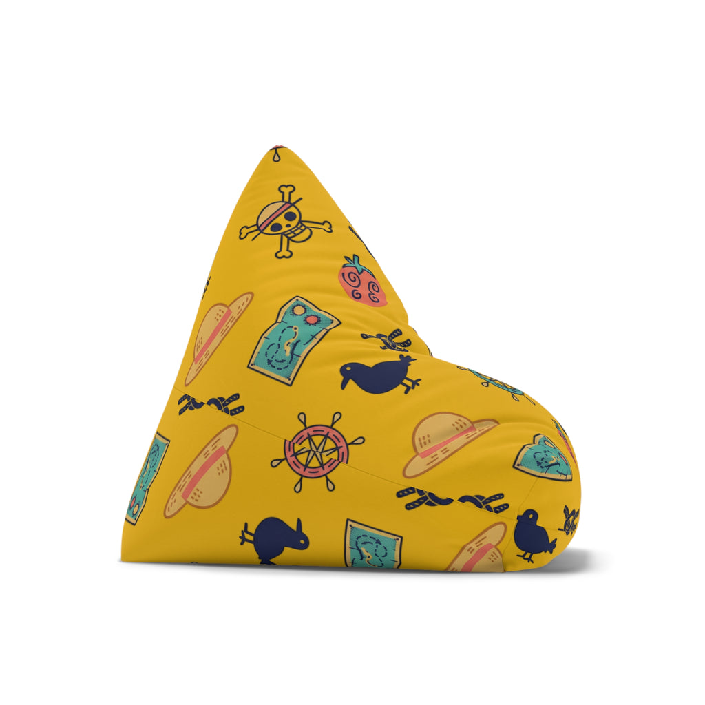 Nautical Treasure Yellow Bean Bag Cover — Pirate Map, Ship Wheel & Chest Pattern