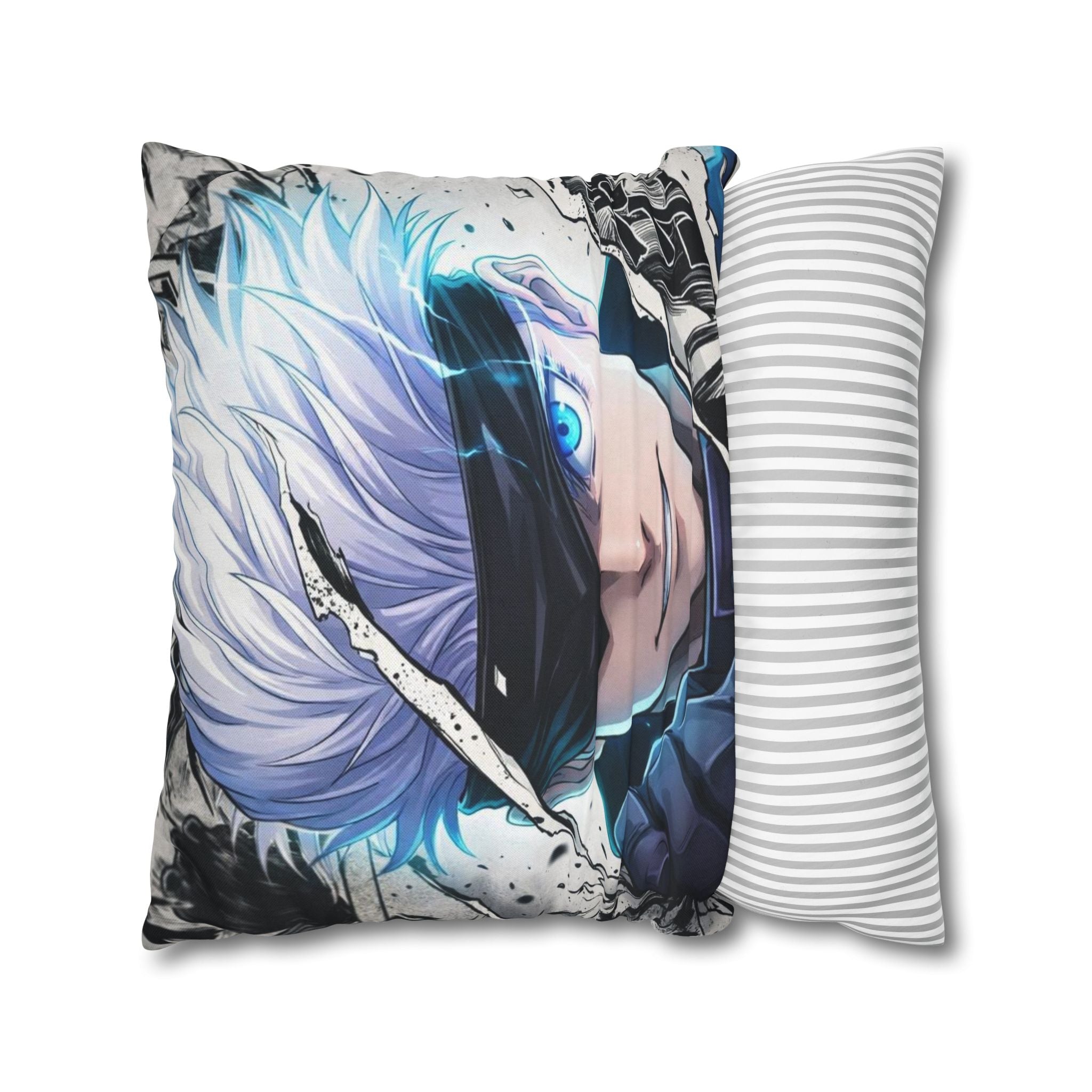 Angry Anime Warrior Spun Polyester Square Pillowcase | Blue Glowing Eyes