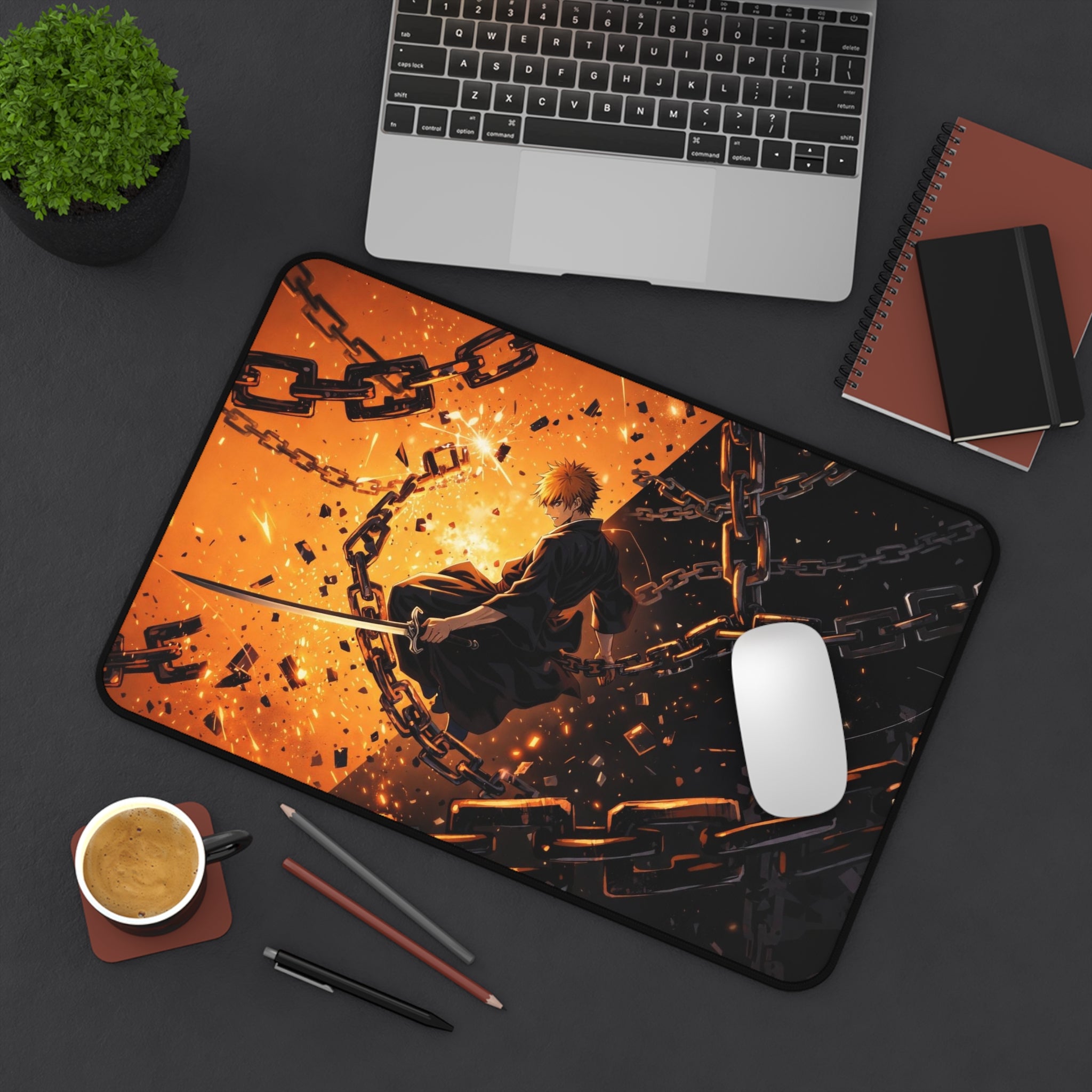 Anime Sword Warrior Desk Mat — Fiery Chains Gaming Mouse Pad