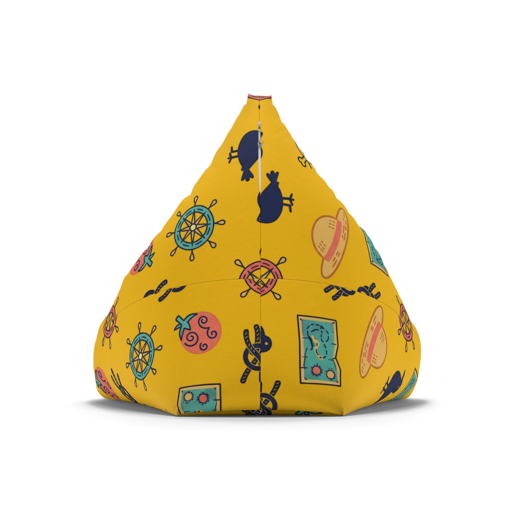 Nautical Treasure Yellow Bean Bag Cover — Pirate Map, Ship Wheel & Chest Pattern
