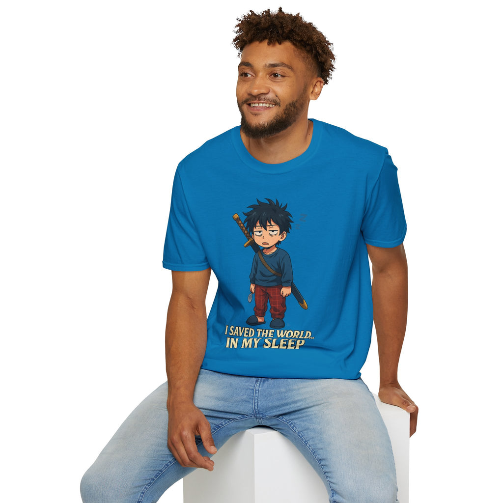I Saved the World... In My Sleep Unisex Softstyle T-Shirt | Perfect for Sleep Lovers, Casual Wear, Gifts, Anime Fans, Fun Tee