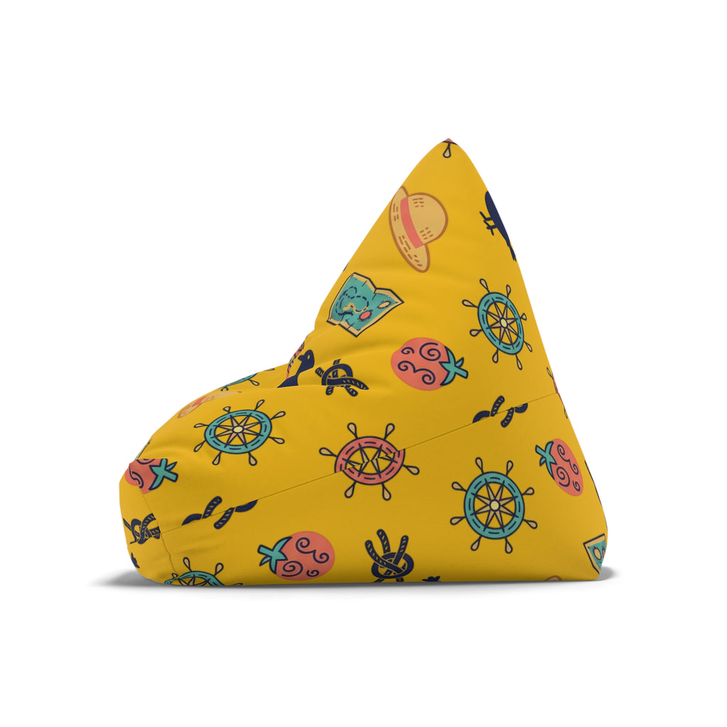 Nautical Treasure Yellow Bean Bag Cover — Pirate Map, Ship Wheel & Chest Pattern