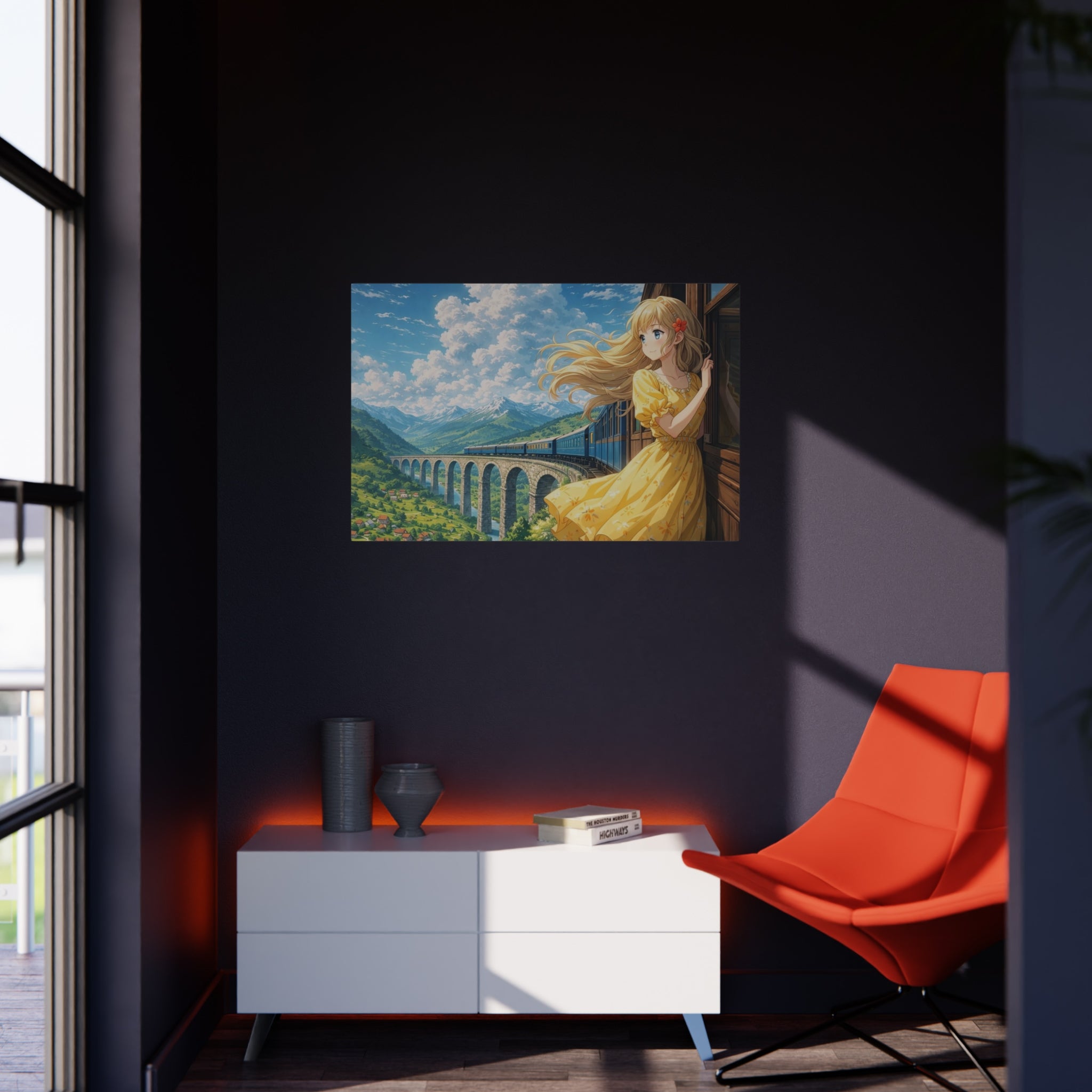 Anime Girl Train Window Foam Board Print — Scenic Summer Landscape Wall Art