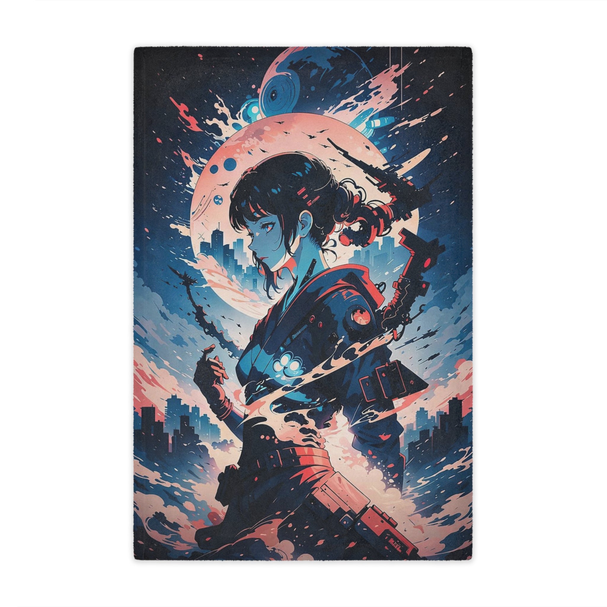 Samurai Girl Moonlight Minky Blanket | Anime Warrior Art