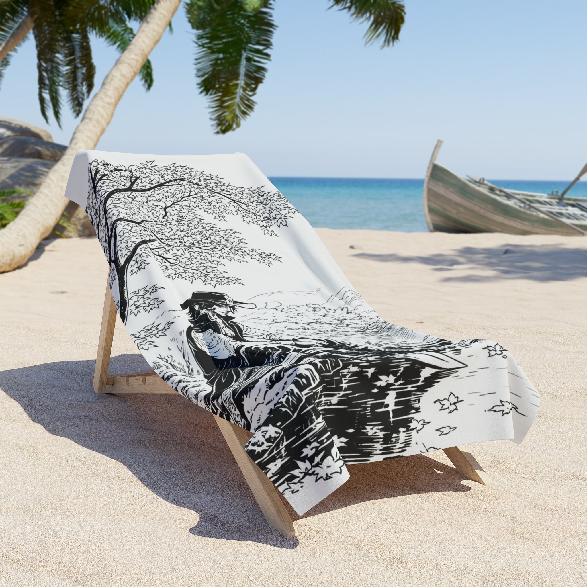 Fisherman Under Tree Beach Towel | Monochrome Fishing Scene