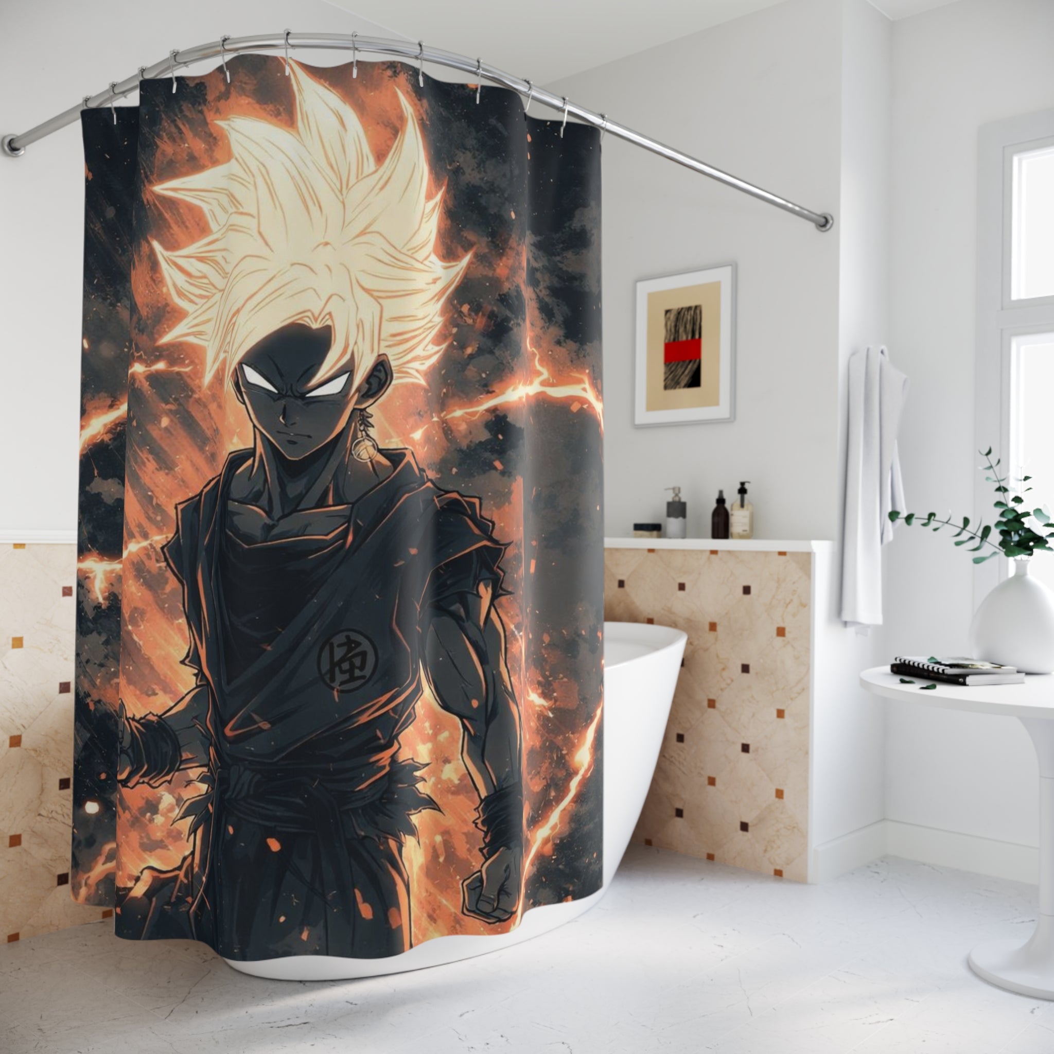 Flaming Super Saiyan Shower Curtain | Anime Warrior Bathroom Decor