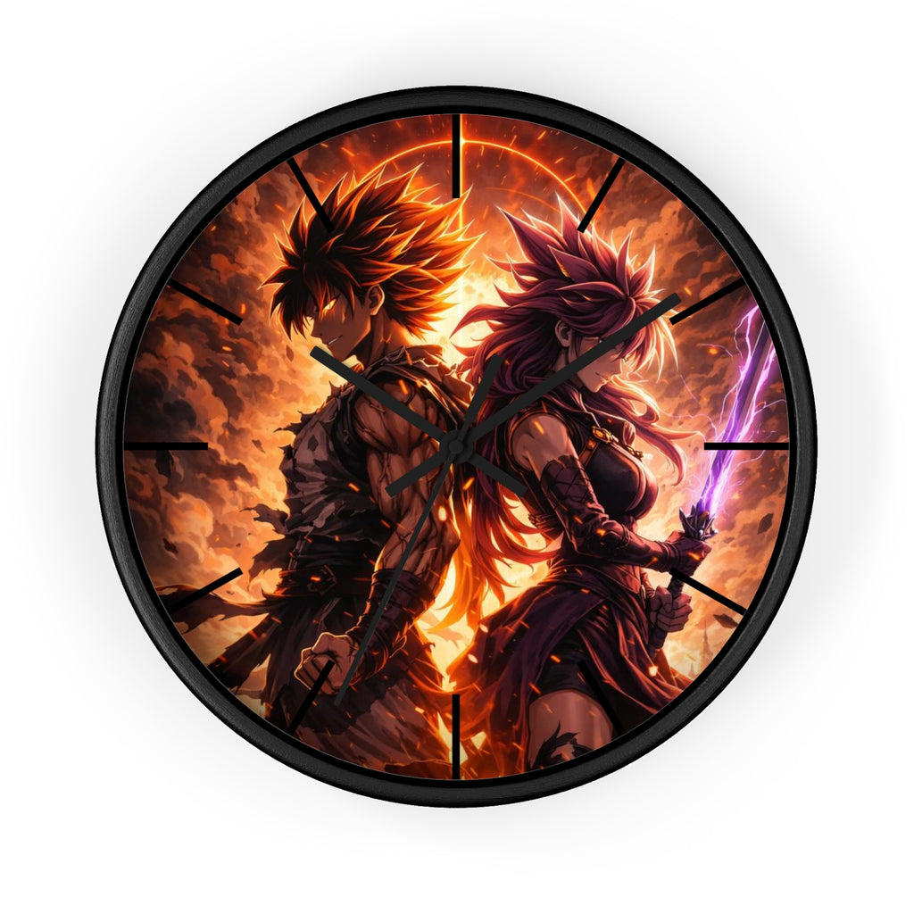 Fiery Warrior Duo Wall Clock | Fantasy Anime Swordfighters, Glowing Battle Scene