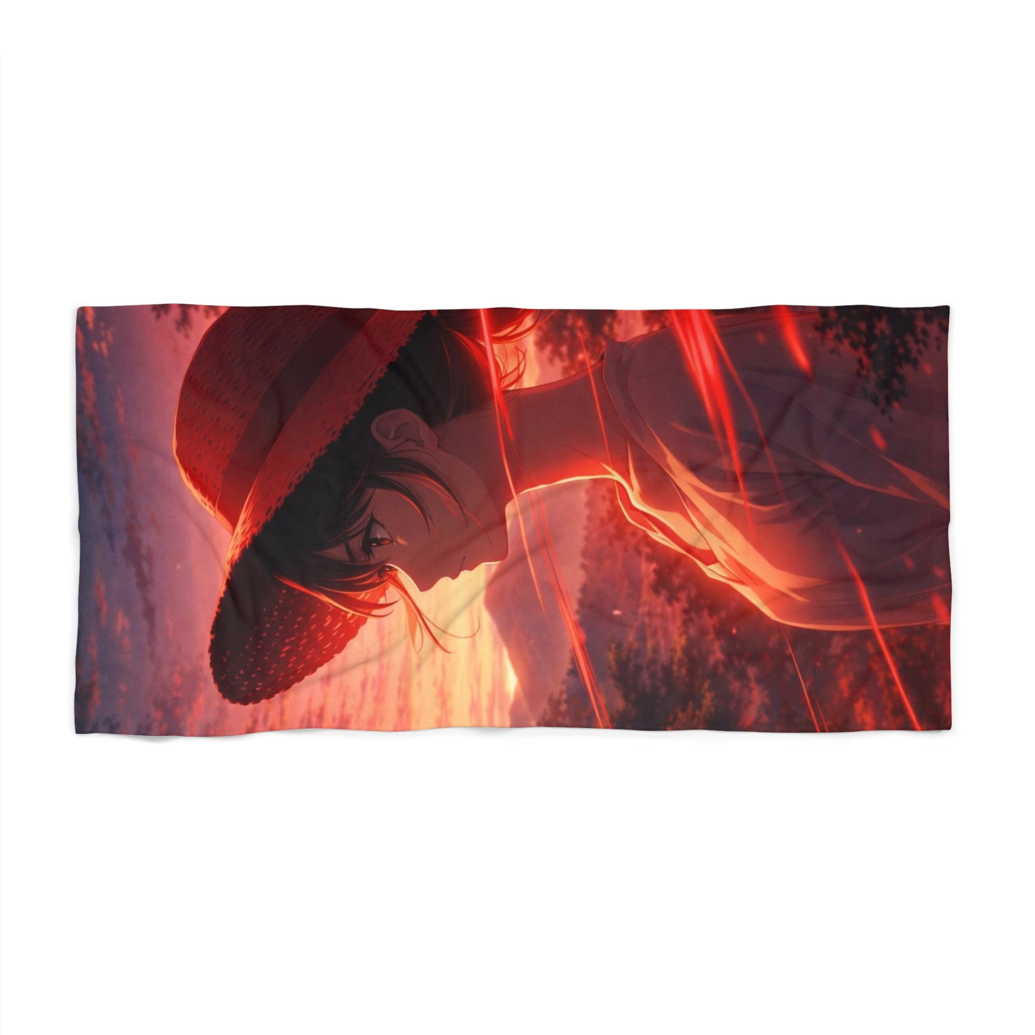 Sunset Anime Beach Towel — Silhouette with Straw Hat