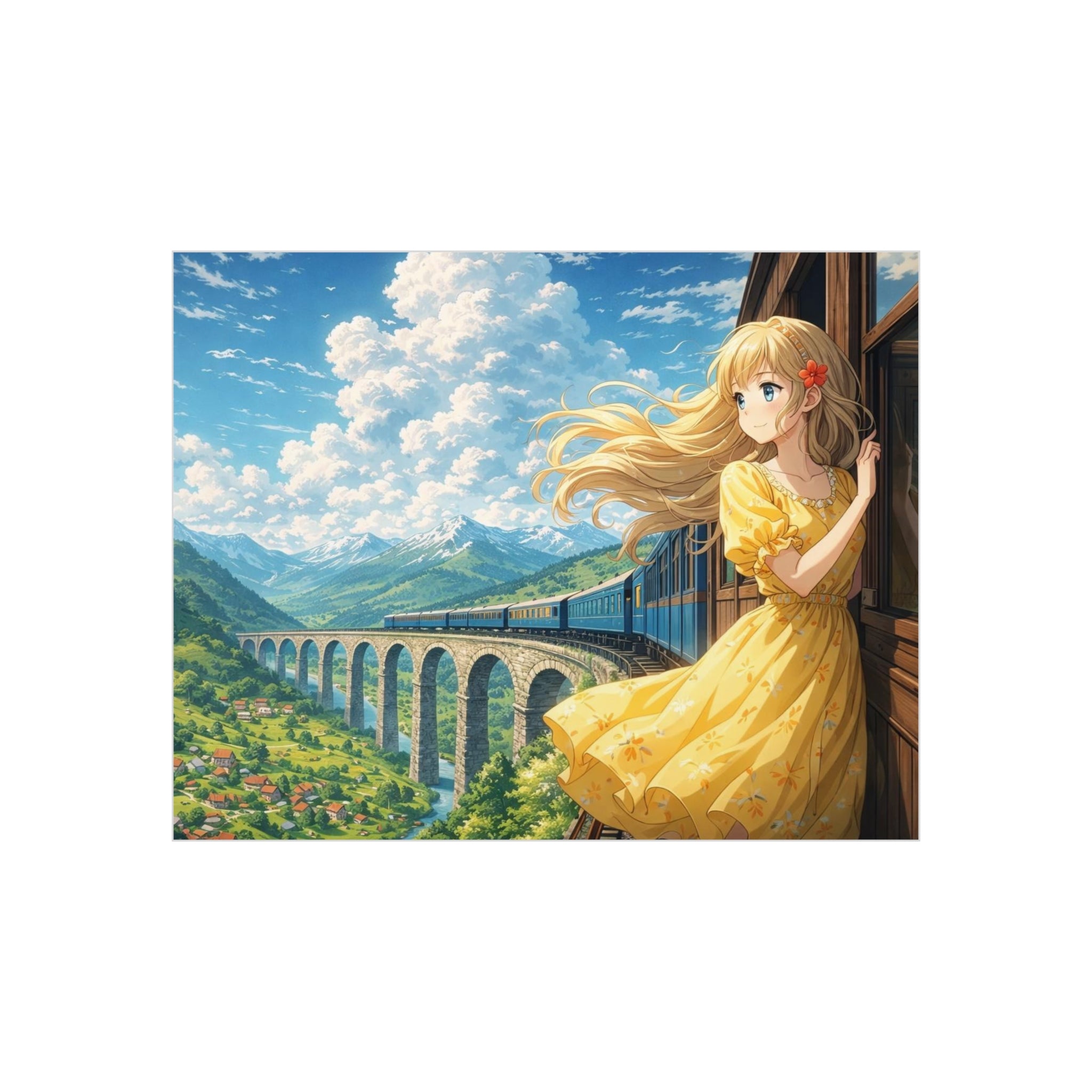 Anime Girl Train Window Foam Board Print — Scenic Summer Landscape Wall Art