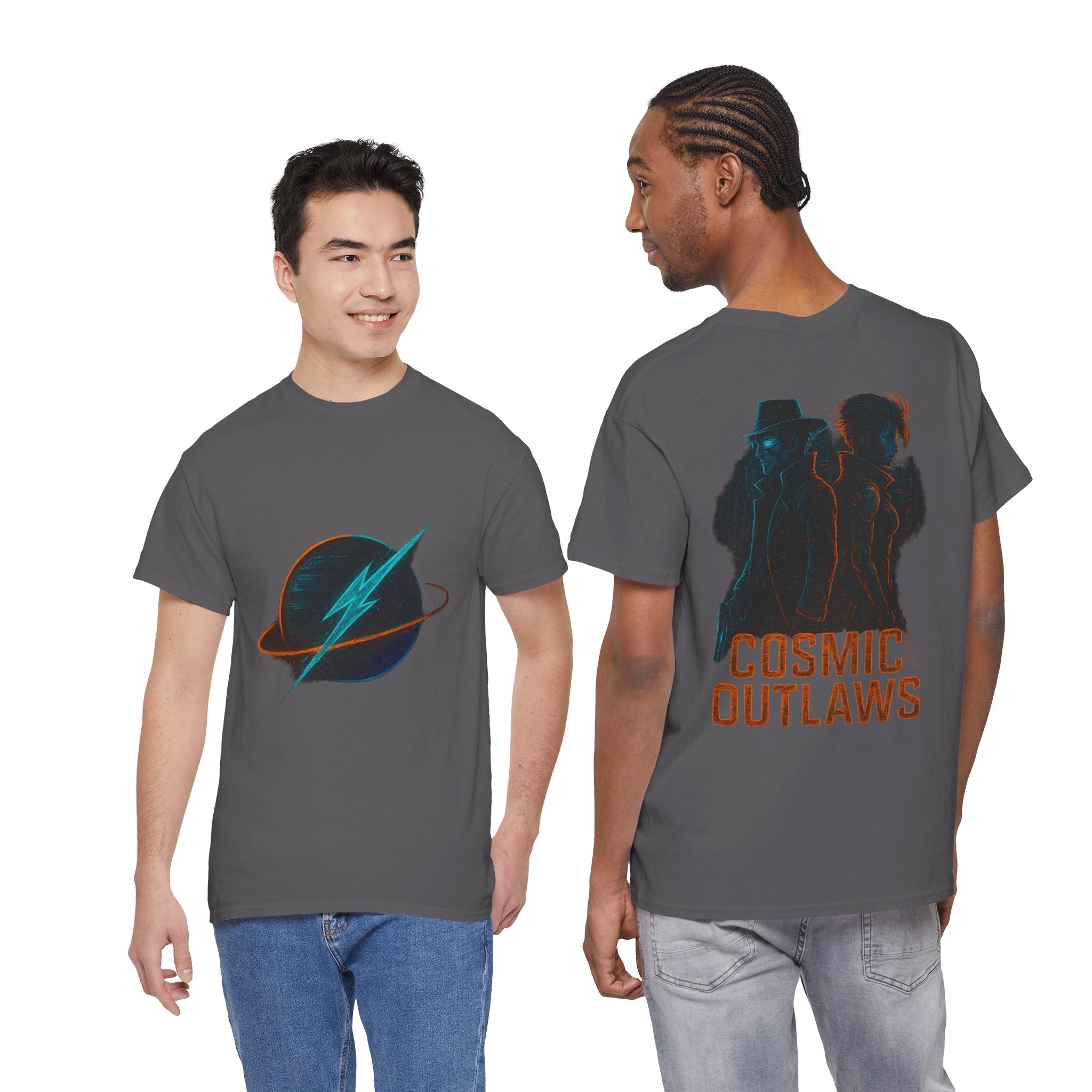 Cosmic Outlaws Graphic Tee | Space-Themed Apparel, Unisex Heavy Cotton Tee, Galaxy T-Shirt, Vintage Style Shirt, Unique Gift Idea