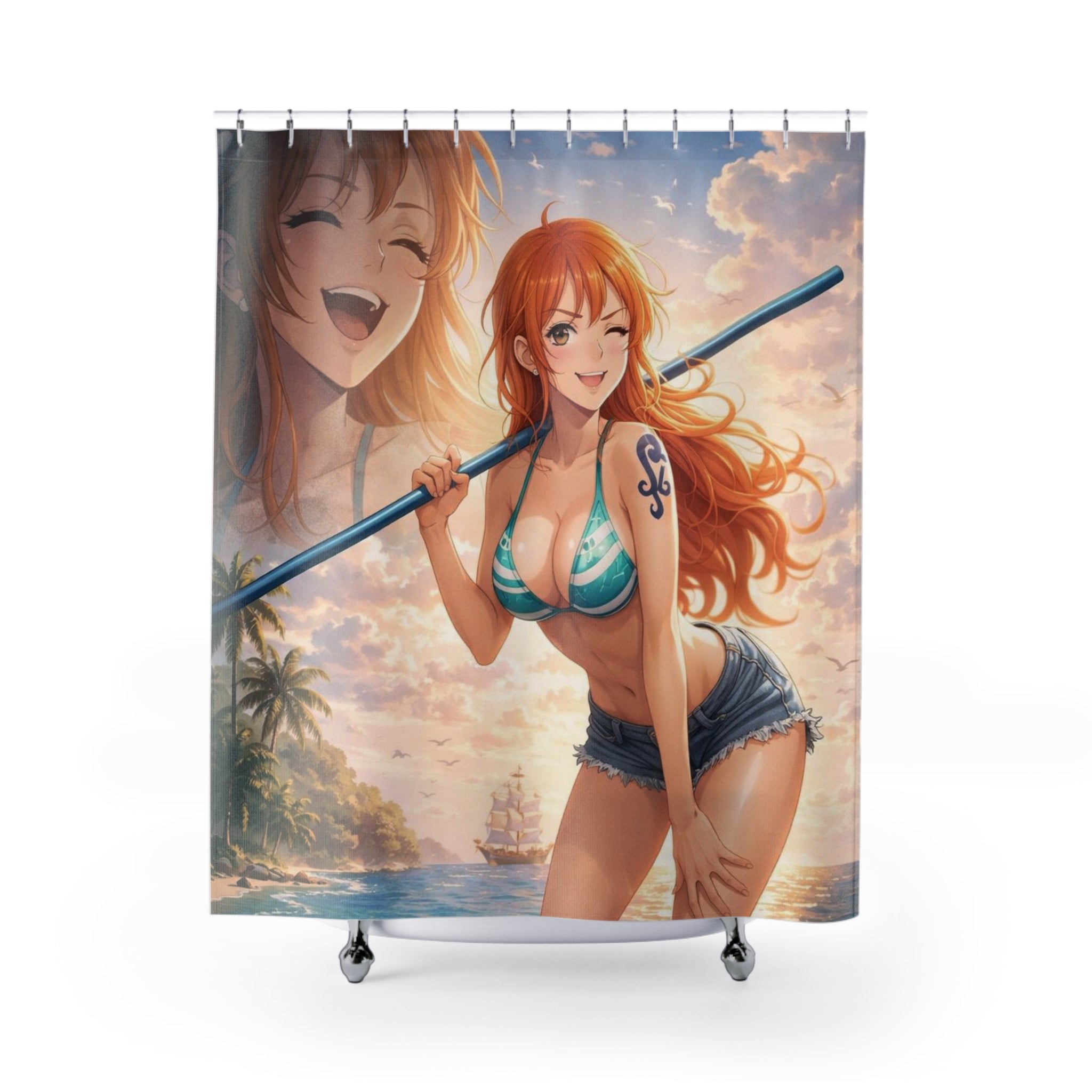 Anime Beach Shower Curtain — Cute Redhead Mermaid Swimsuit Design