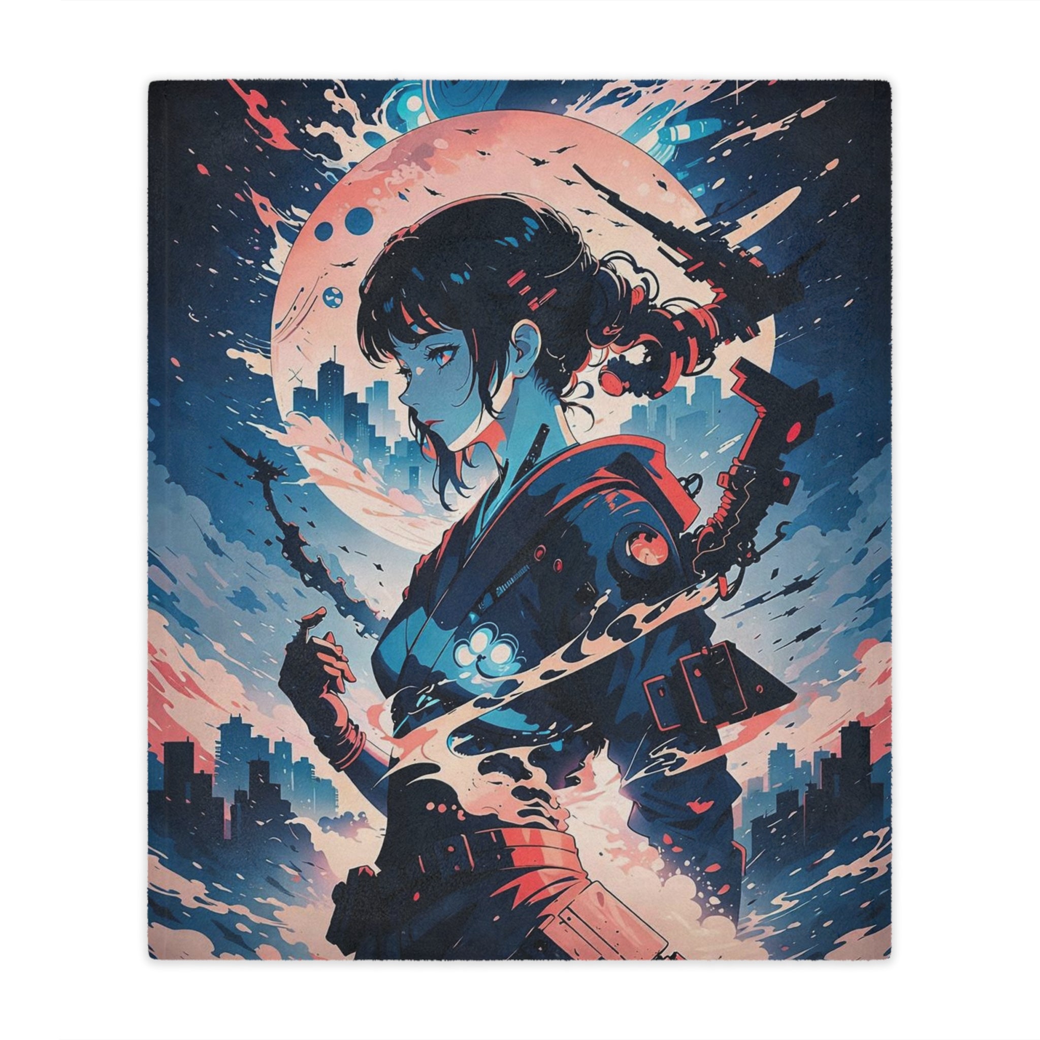 Samurai Girl Moonlight Minky Blanket | Anime Warrior Art