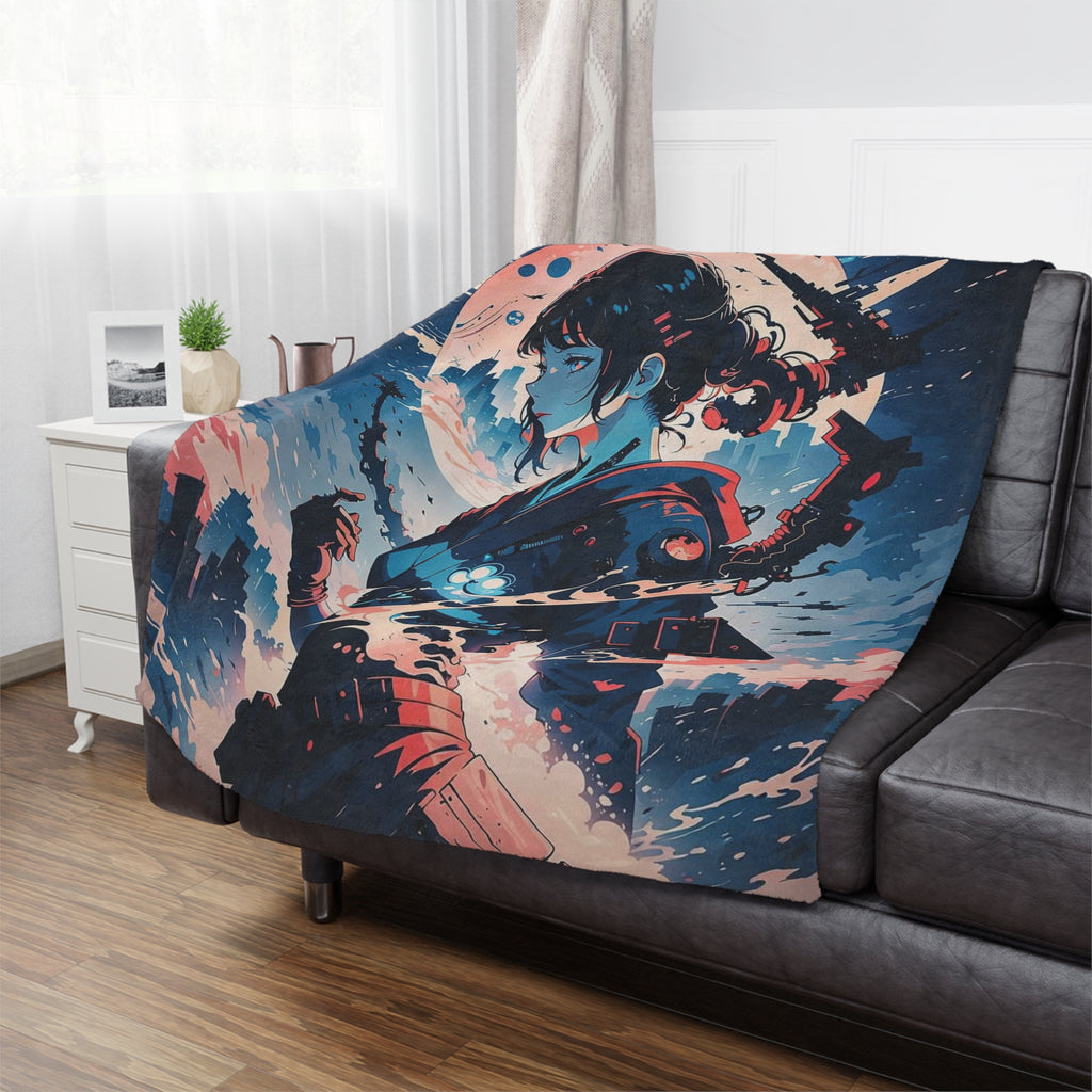 Samurai Girl Moonlight Minky Blanket | Anime Warrior Art