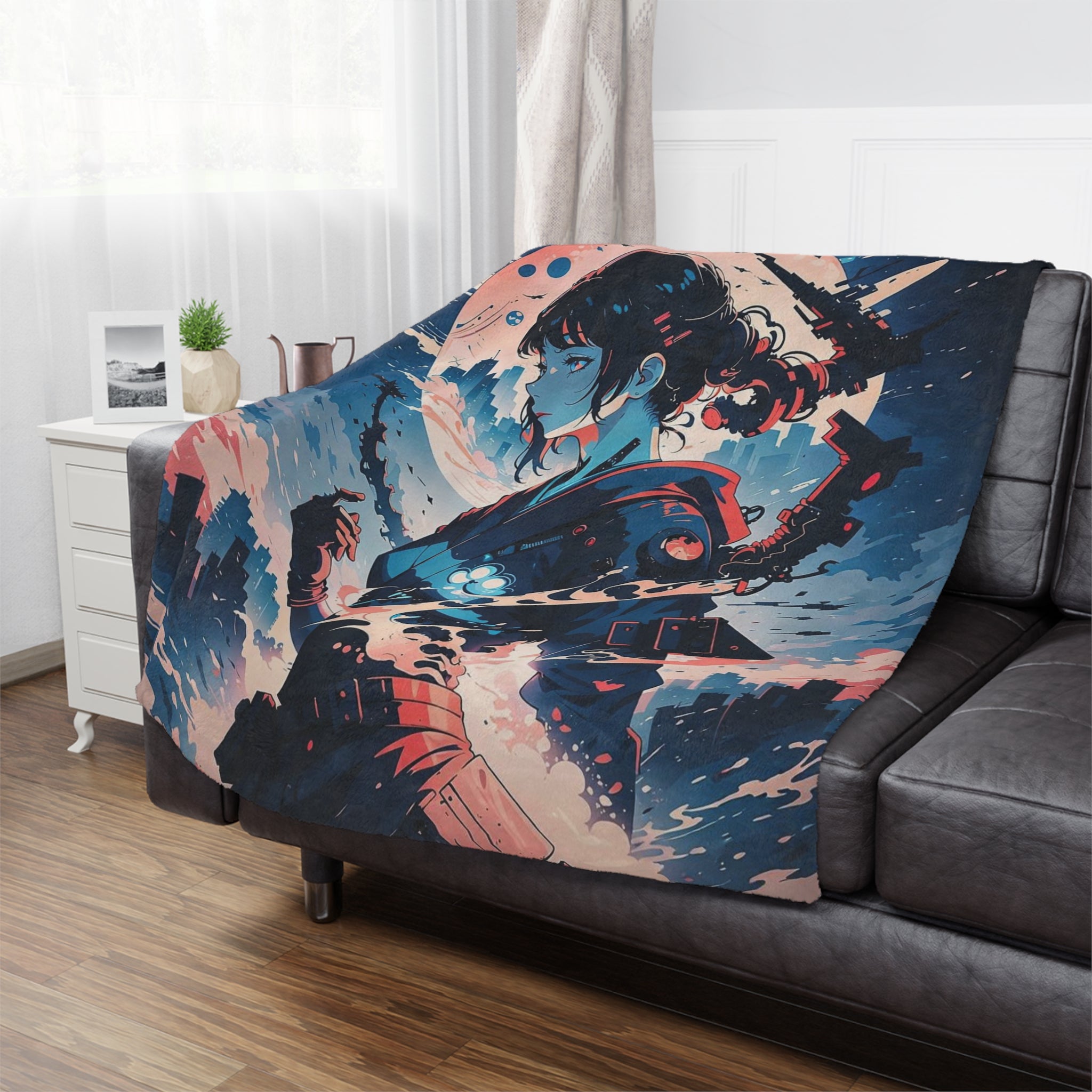 Samurai Girl Moonlight Minky Blanket | Anime Warrior Art