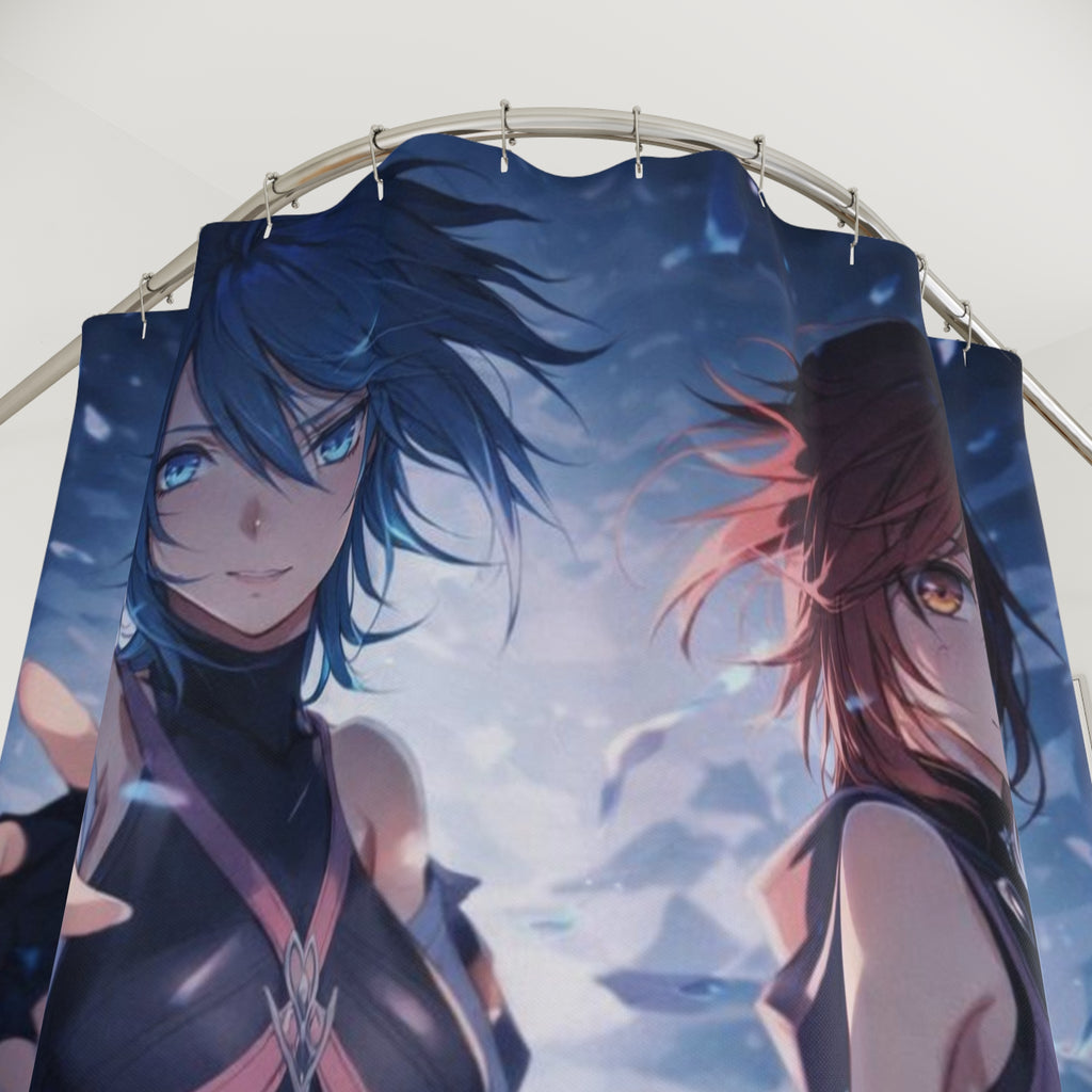 Fantasy Anime Twin Warriors Shower Curtain | Mystic Blue Character Art