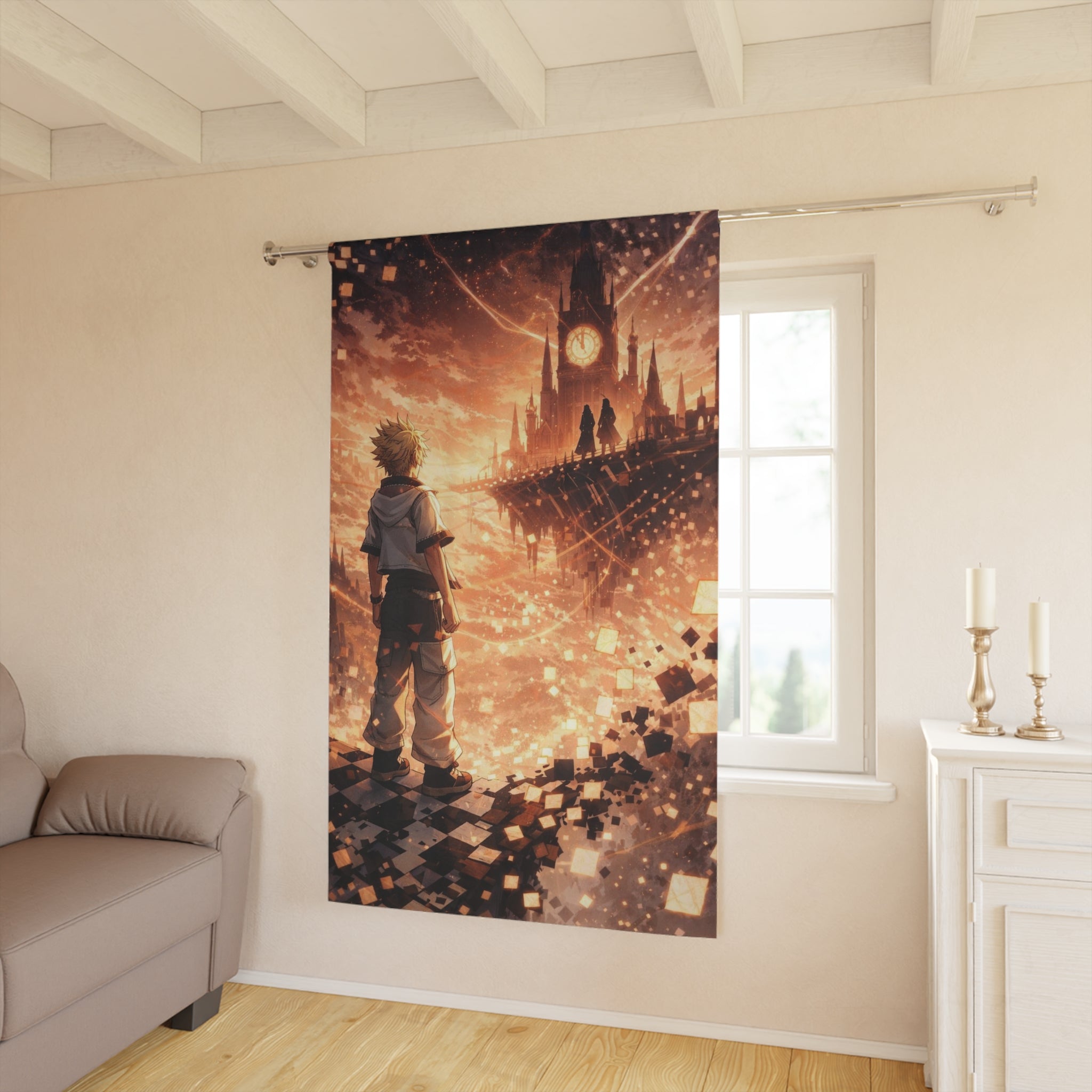 Fantasy Clocktower Scene Window Curtain | Anime-style Sunset Silhouette