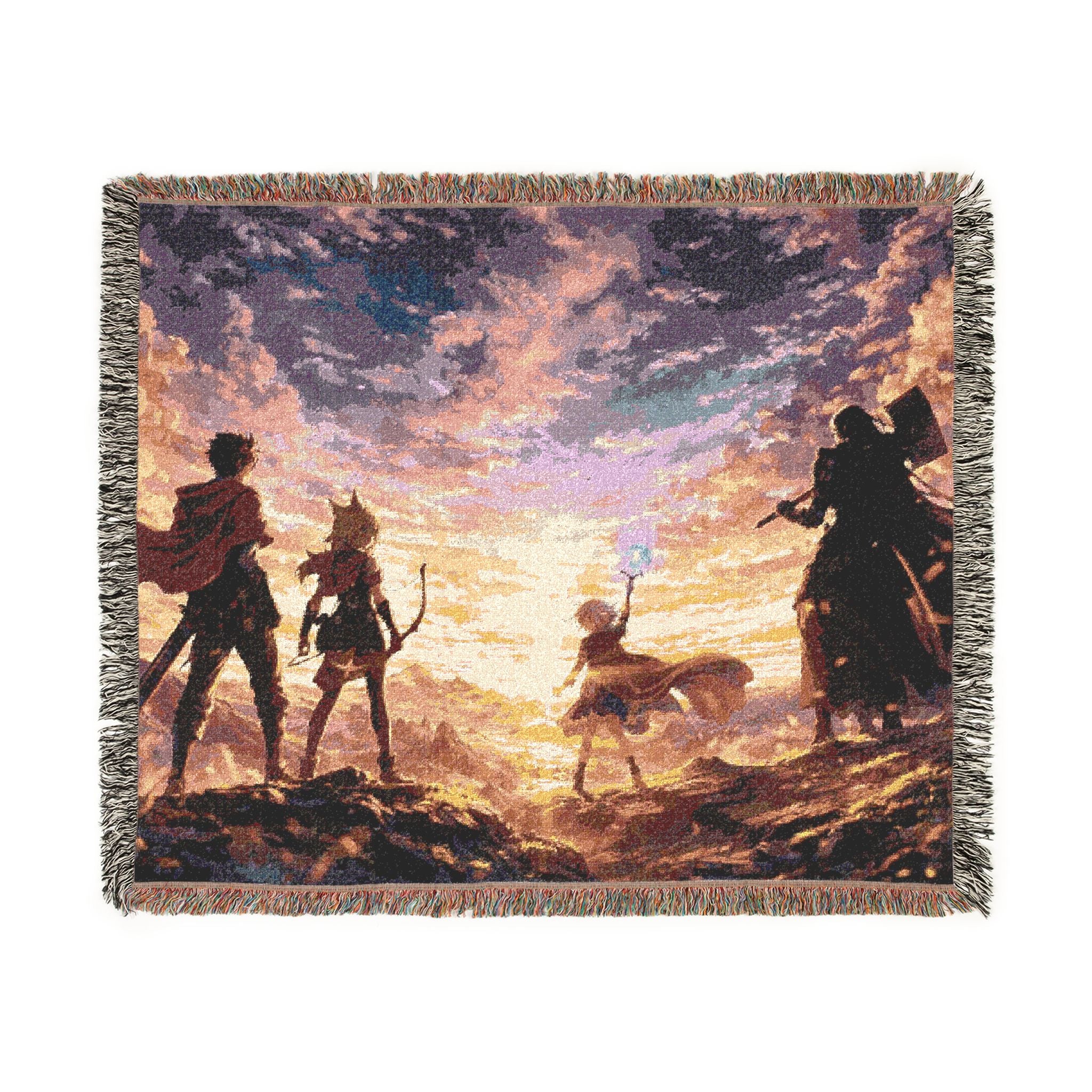 Sunset Anime Silhouettes Woven Blanket | Pixel Art Sunset Scene