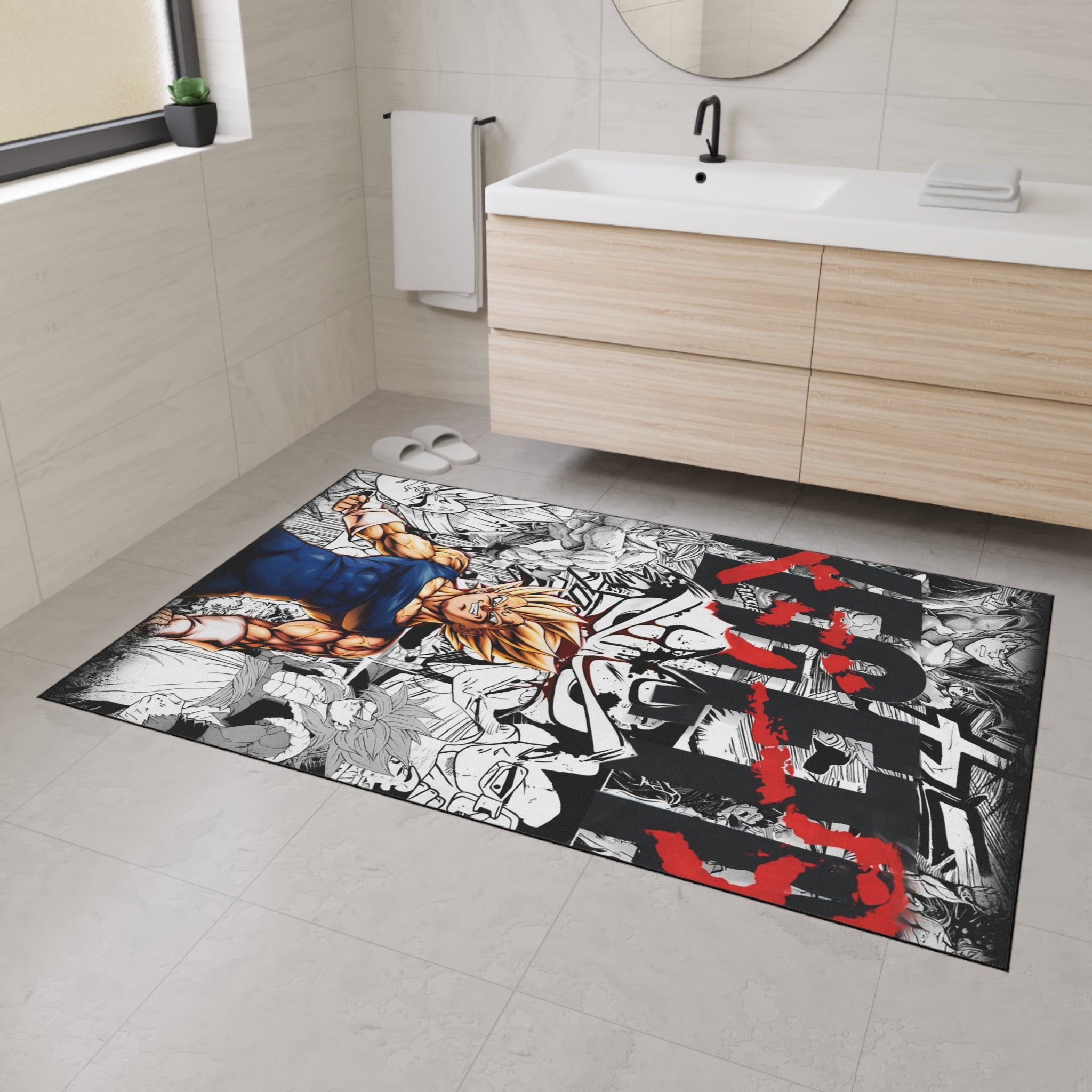 Super Saiyan Anime Warrior Heavy Duty Floor Mat | Manga Collage, Red Kanji
