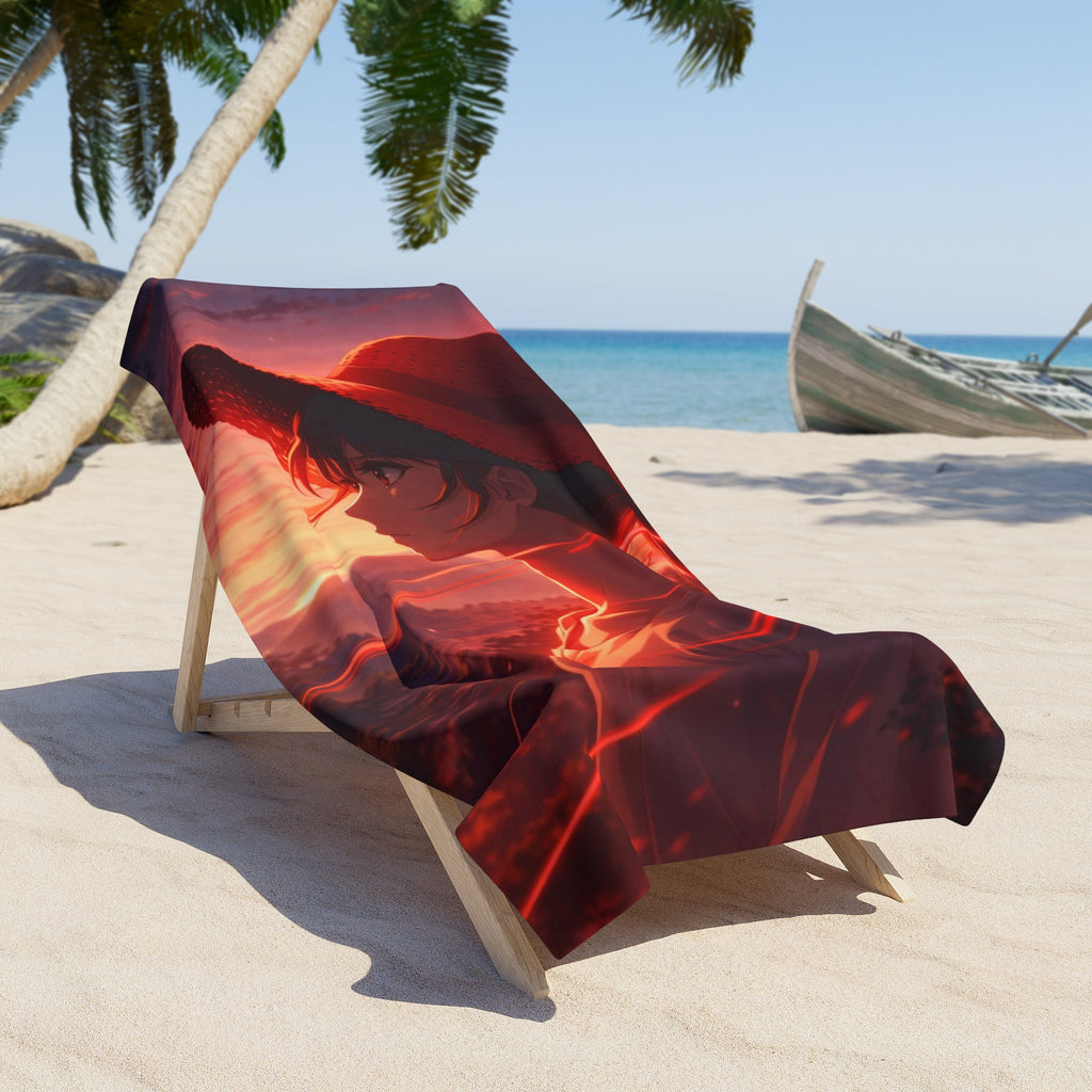 Sunset Anime Beach Towel — Silhouette with Straw Hat