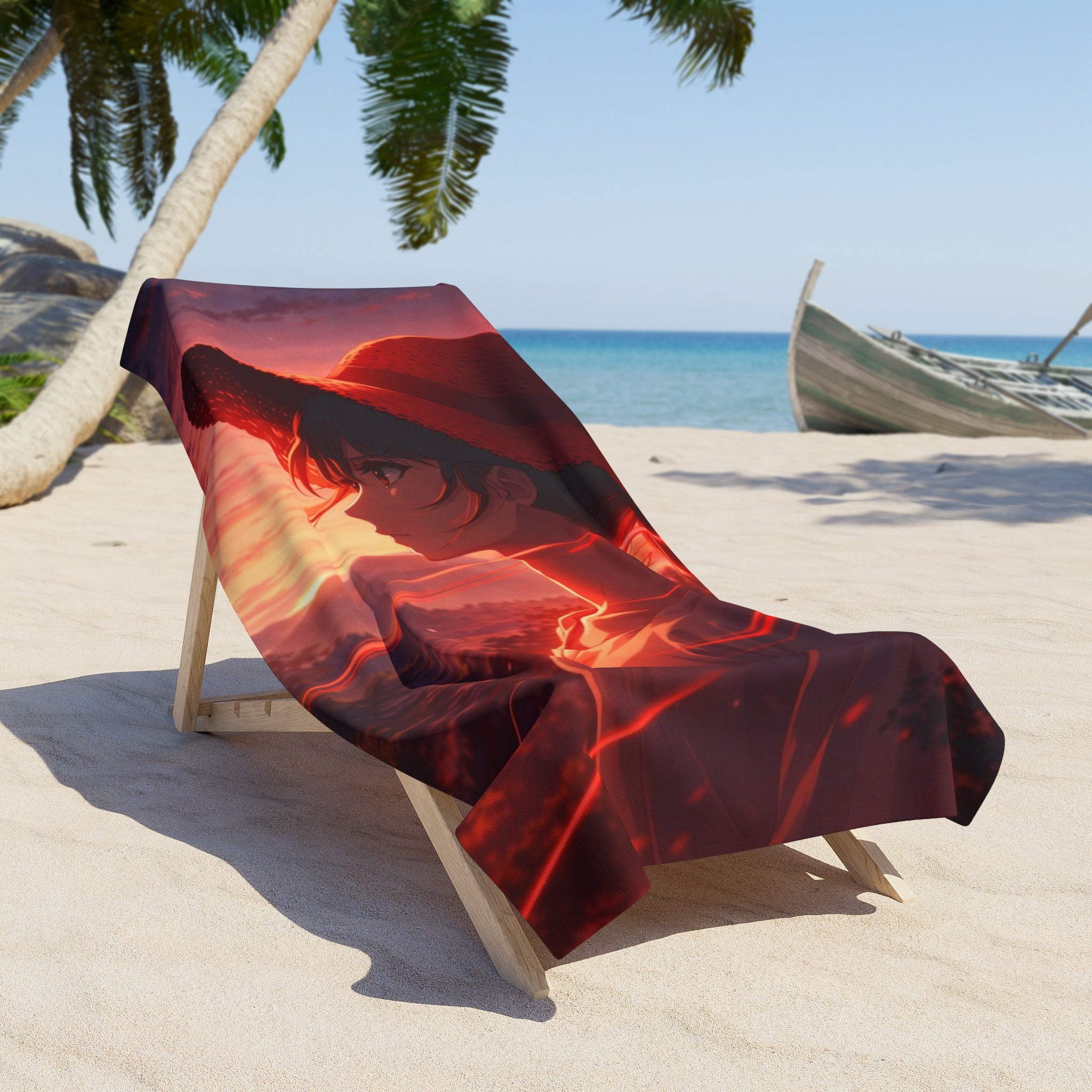 Sunset Anime Beach Towel — Silhouette with Straw Hat