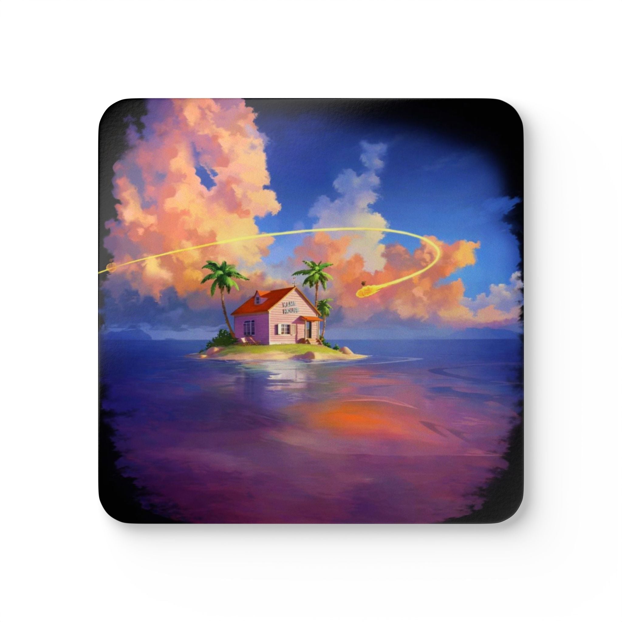 Tropical Island Cottage Corkwood Coaster Set | Sunset Clouds Artwork