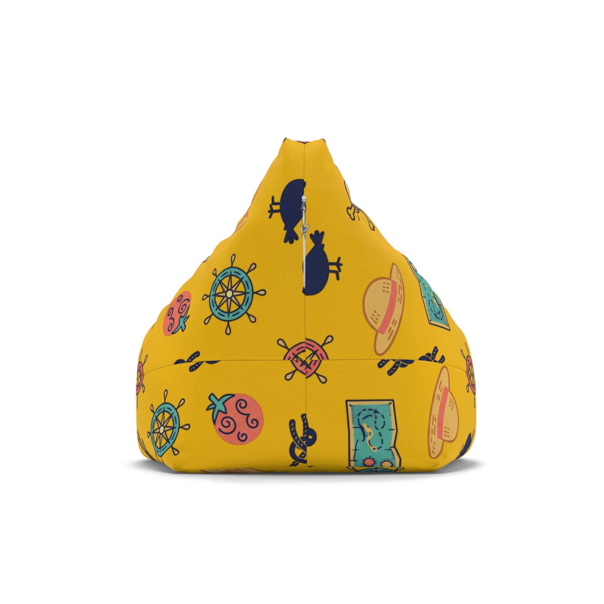 Nautical Treasure Yellow Bean Bag Cover — Pirate Map, Ship Wheel & Chest Pattern