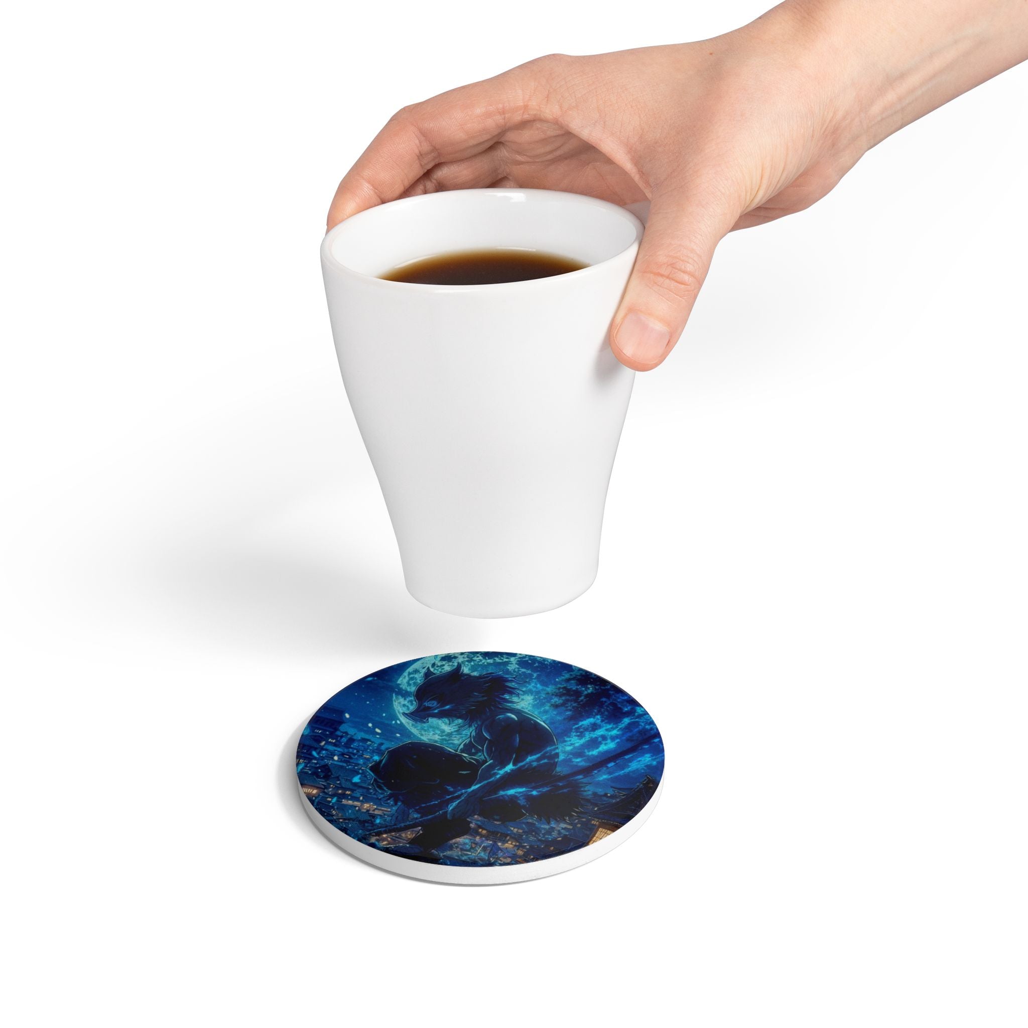 Moonlit Werewolf Ceramic Coaster | Night Skyline, Blue Fantasy