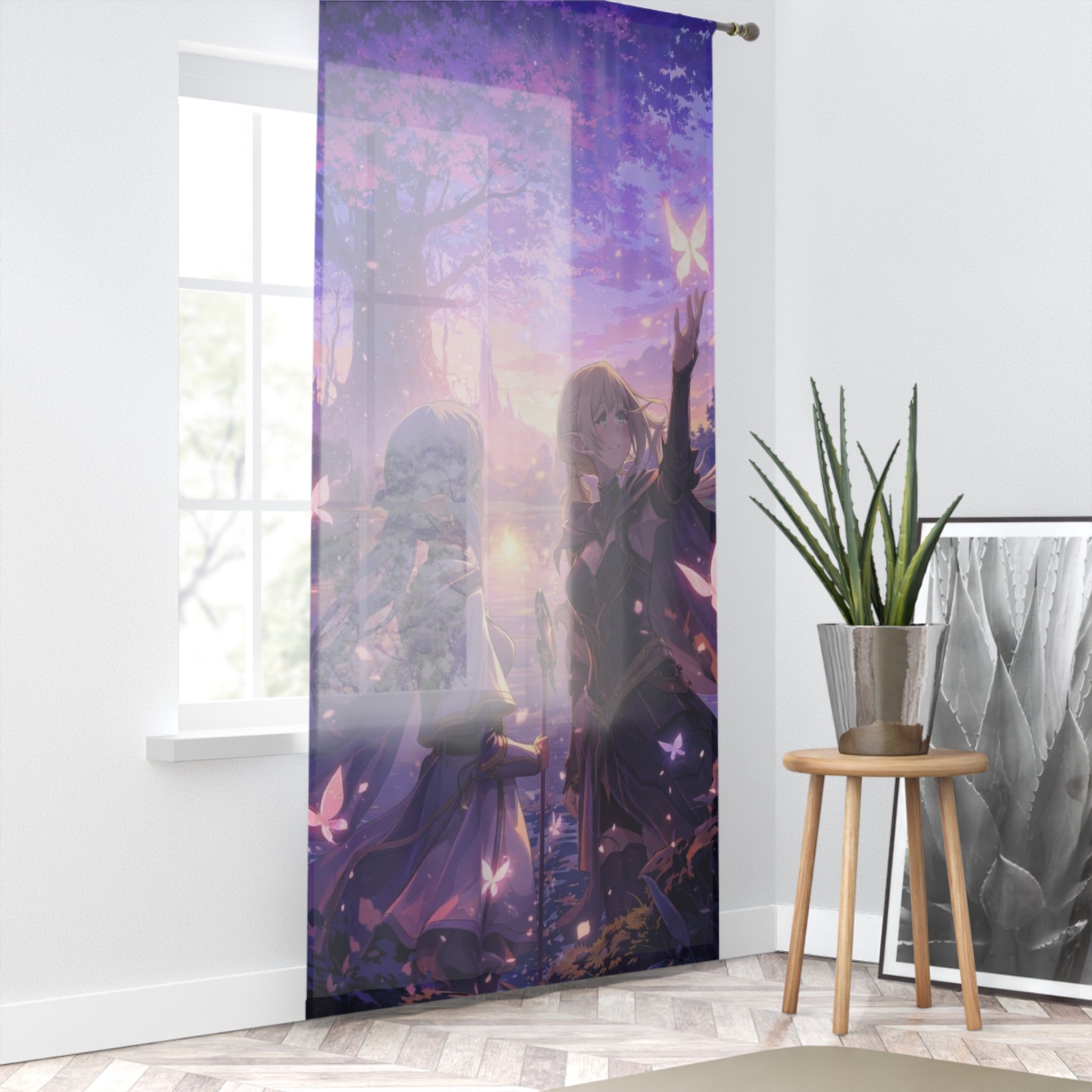 Dreamy Anime Window Curtain — Twilight Girls & Butterflies Sheer Panel