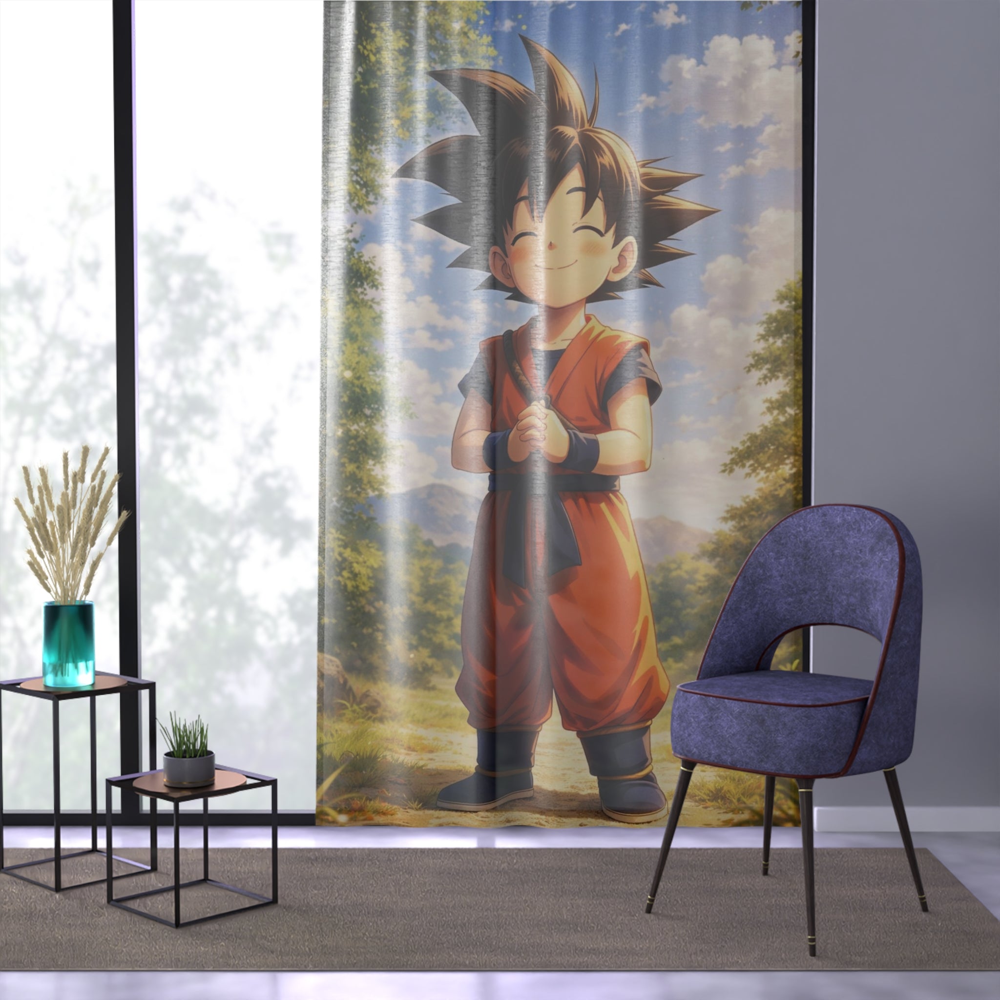 Smiling Boy Warrior window curtain | Anime-style character forest scene