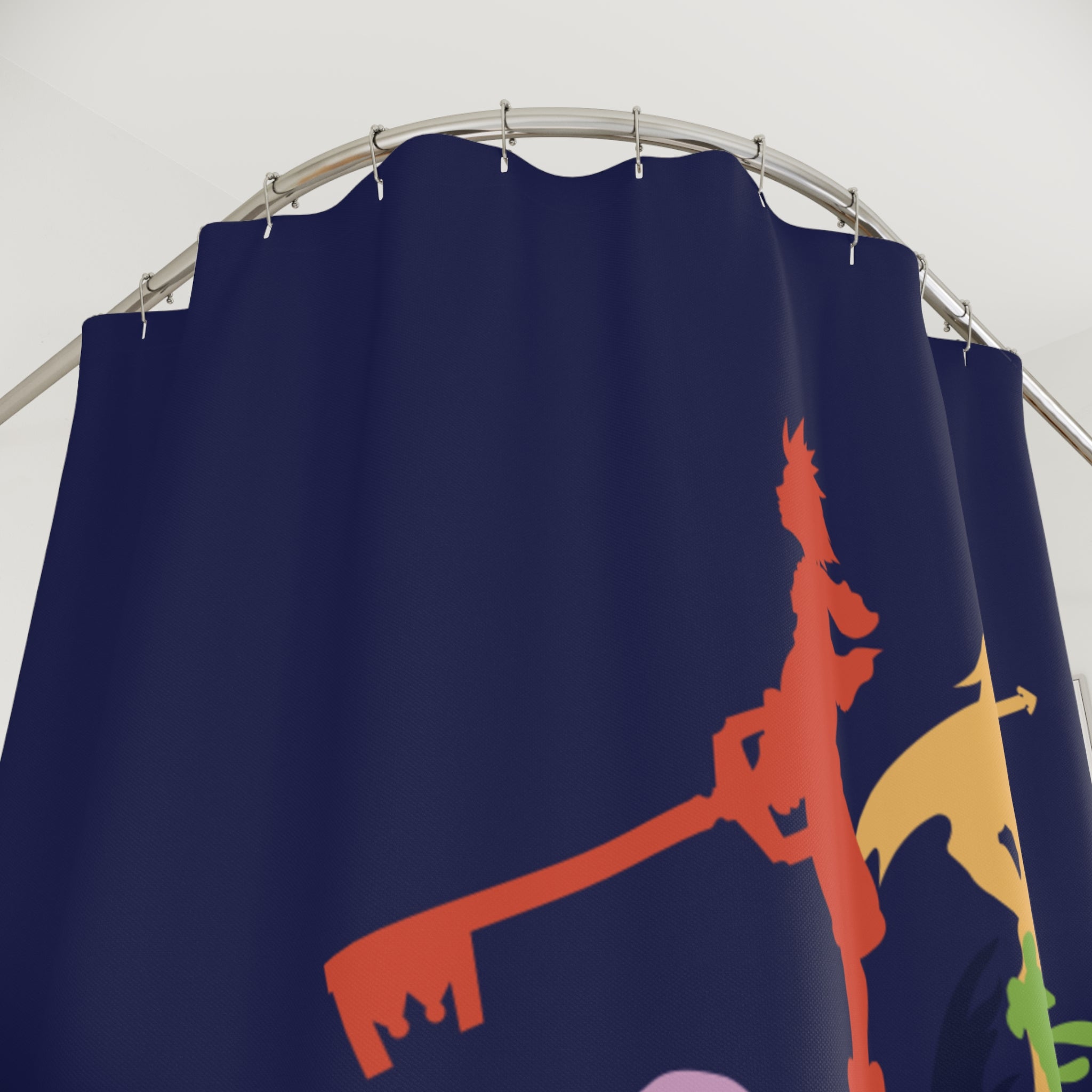 Rainbow Video Game Silhouettes Shower Curtain | Navy Bathroom Decor