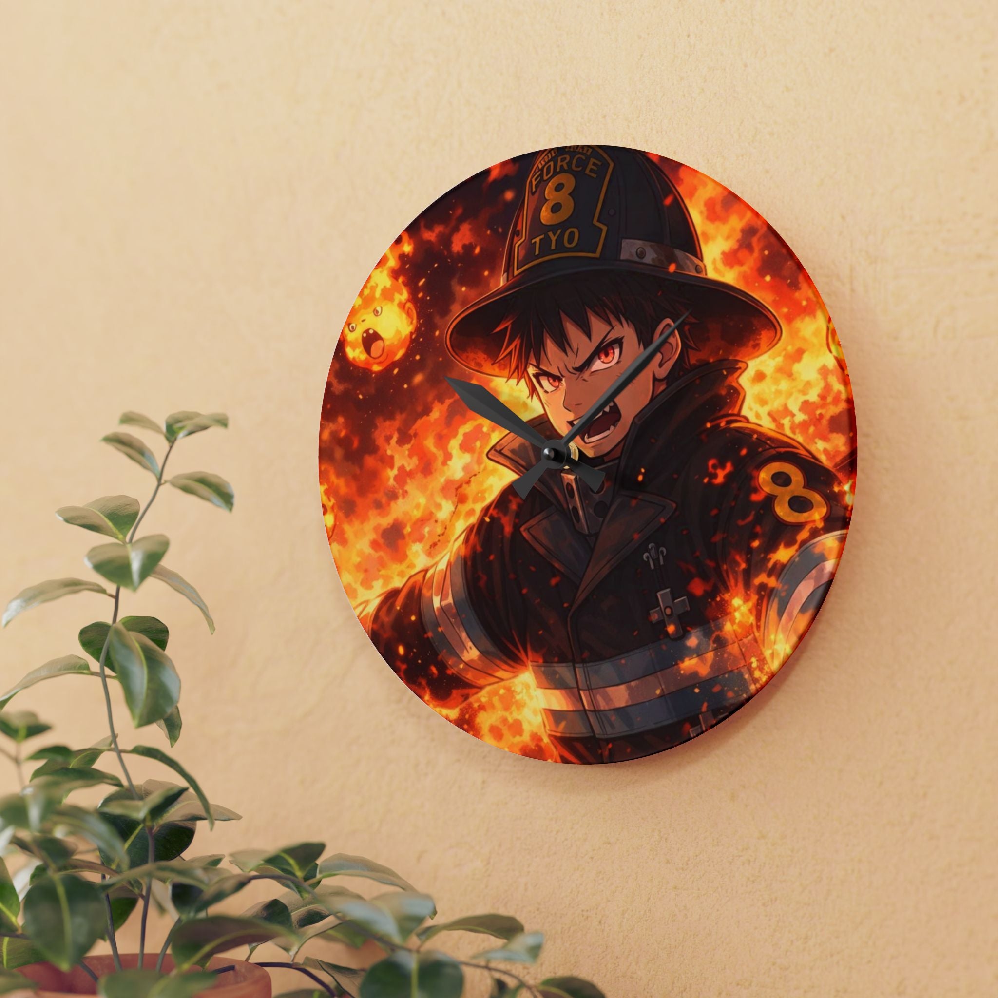 Flaming Firefighter Anime Acrylic Wall Clock | Squad 8