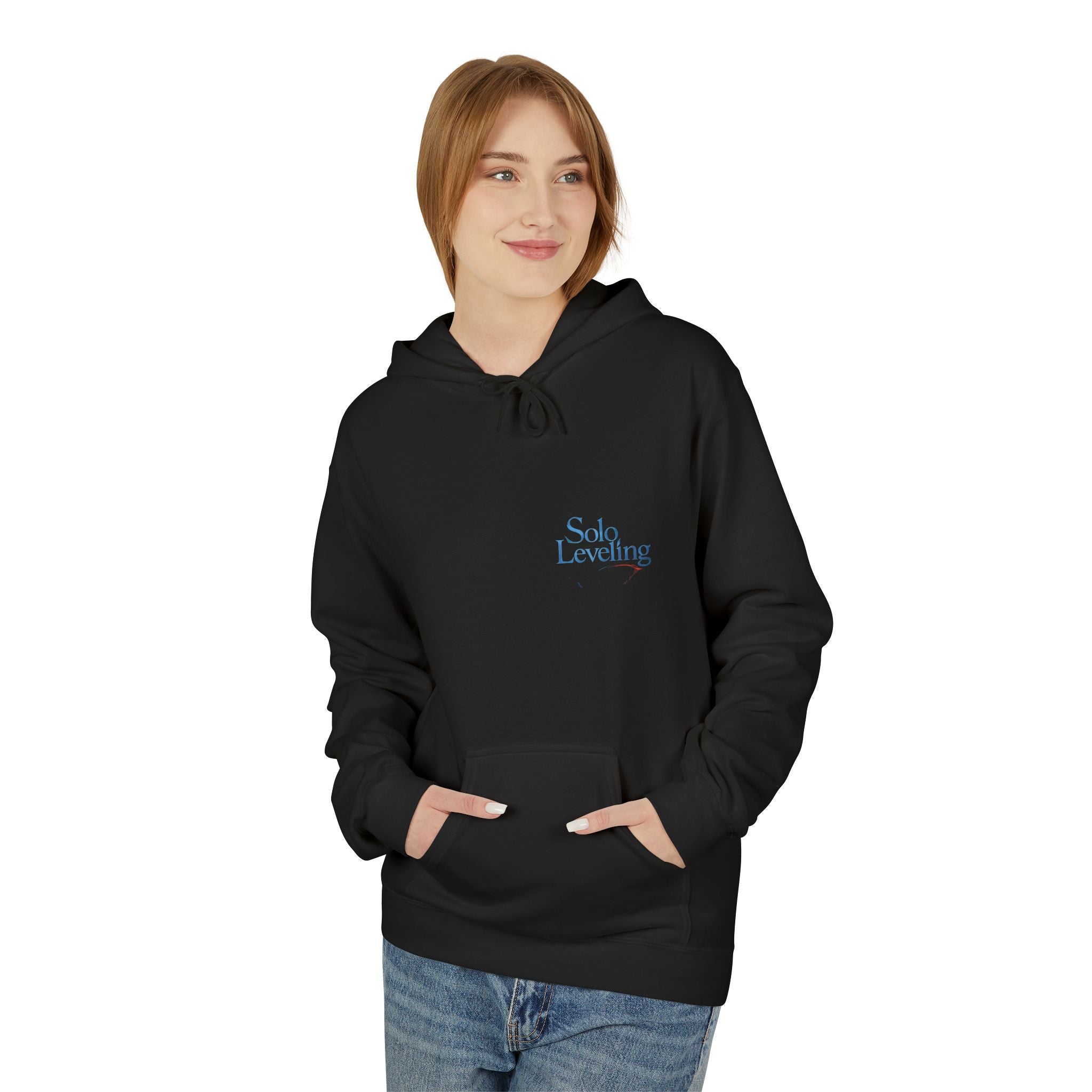 Solo Leveling silhouette design Hoodie | dark anime backprint, small chest logo