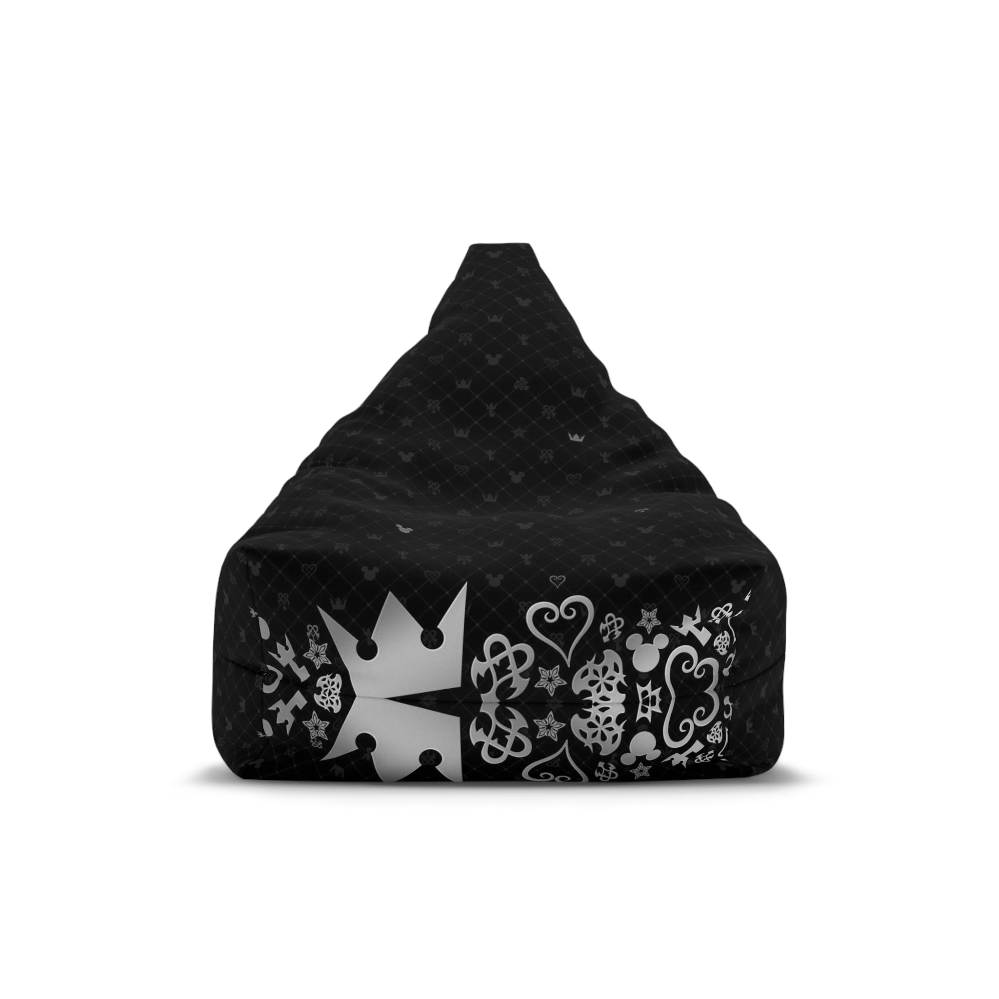 Black Crown Pattern Bean Bag Chair Cover | Floral Hearts Monogram Print