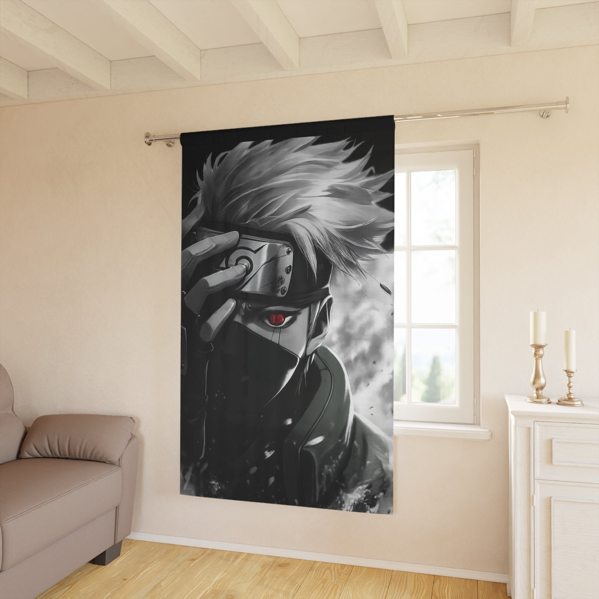 Masked Ninja Character Window Curtain | Anime Style, Red Eye, Black White