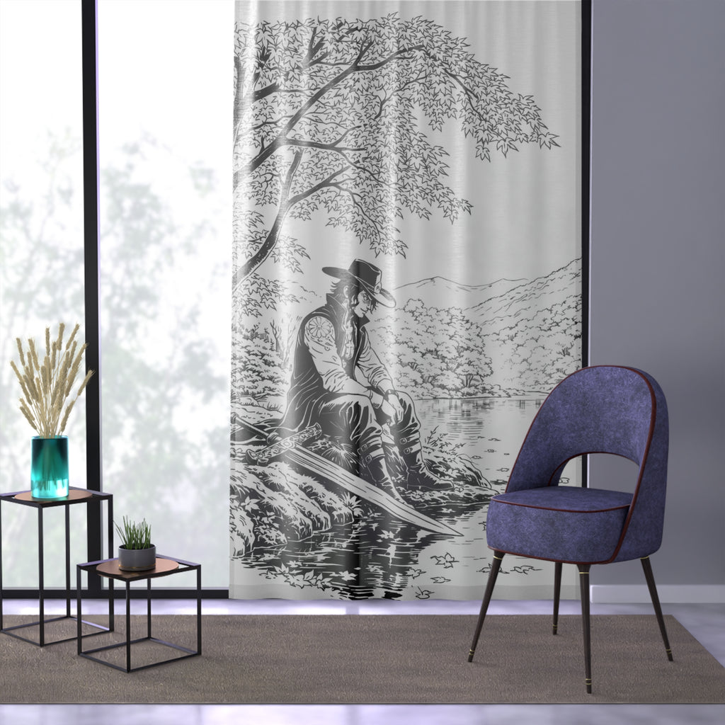 Cowboy Sitting by Lake Window Curtain | Monochrome Western Scene