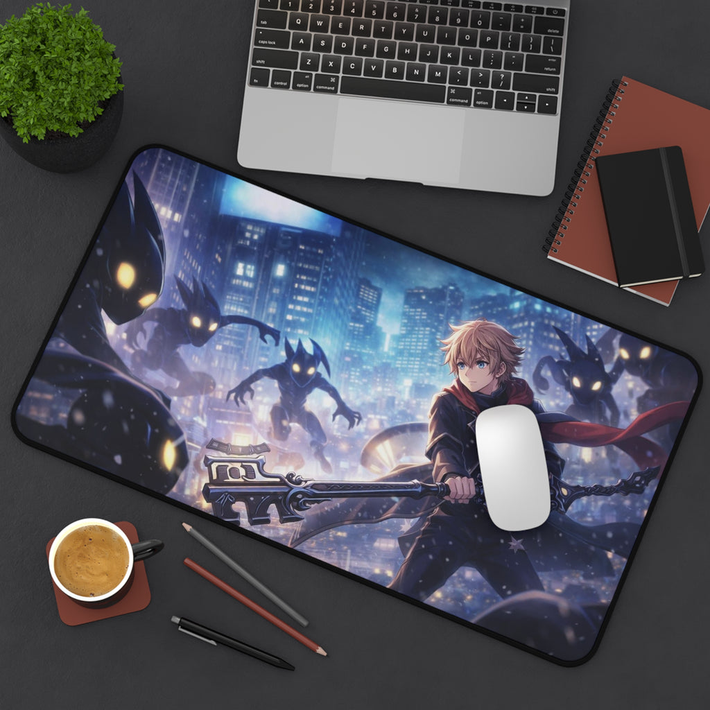 Anime Battle Desk Mat — Hero with Keyblade in Neon City