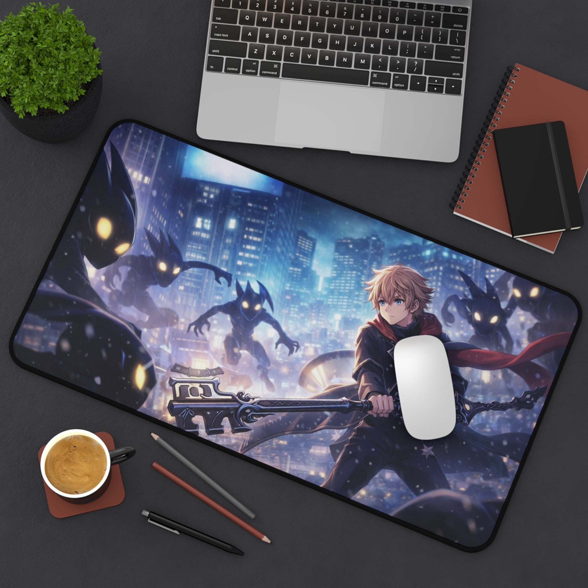 Anime Battle Desk Mat — Hero with Keyblade in Neon City