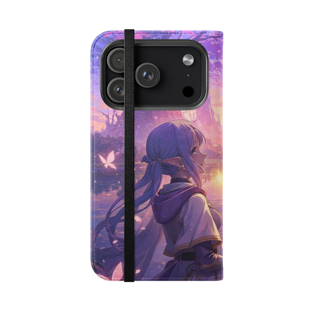 Anime Landscape Flip Phone Case — Fantasy Sunset Genshin-Style Wallet Cover