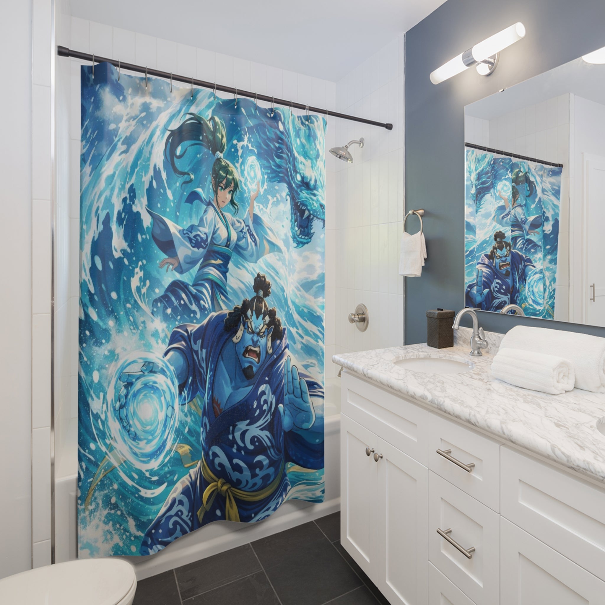 Water Elemental Warriors Shower Curtain | Anime Water Mage & Guardian