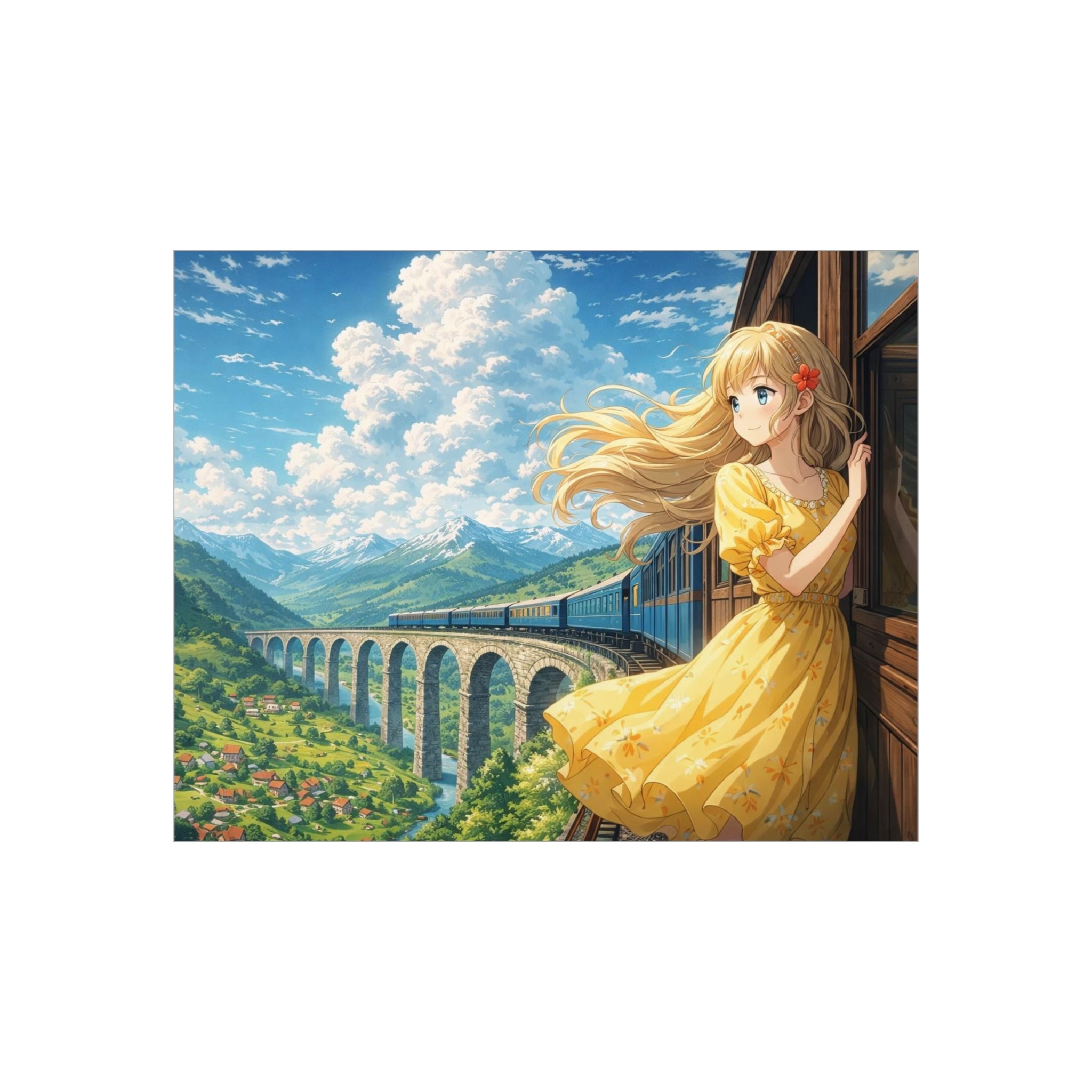 Anime Girl Train Window Foam Board Print — Scenic Summer Landscape Wall Art