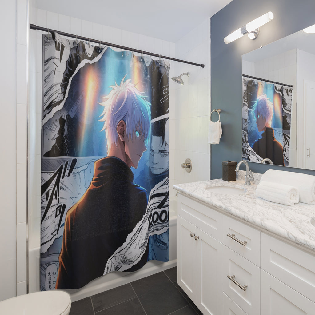 Anime Manga Character Shower Curtain | Blue-Haired Male, Comic Panel Design